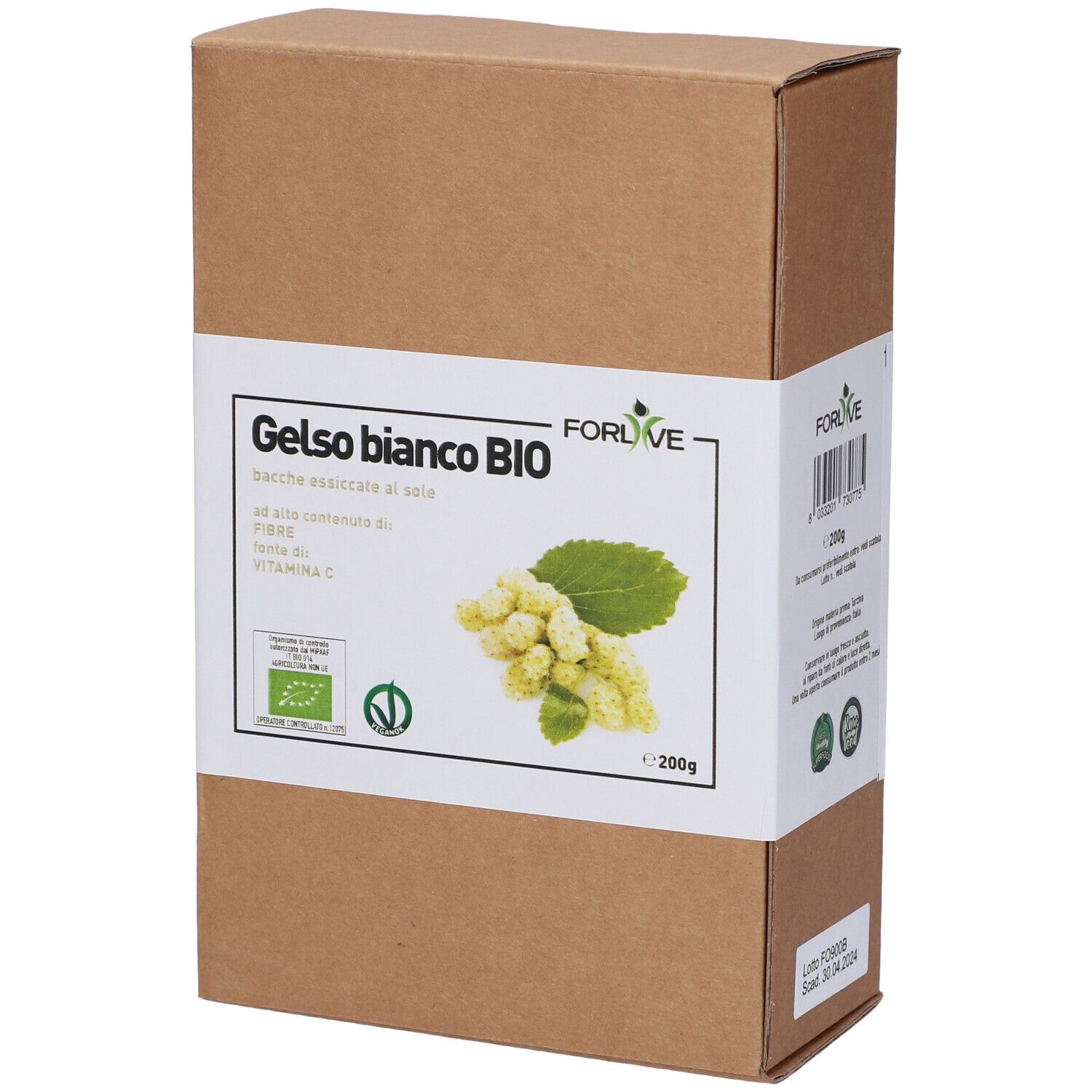 Scatola marrone con etichetta bianca. Scritto: Gelso bianco BIO, illustrazione di more bianche. Sigillo biologico.