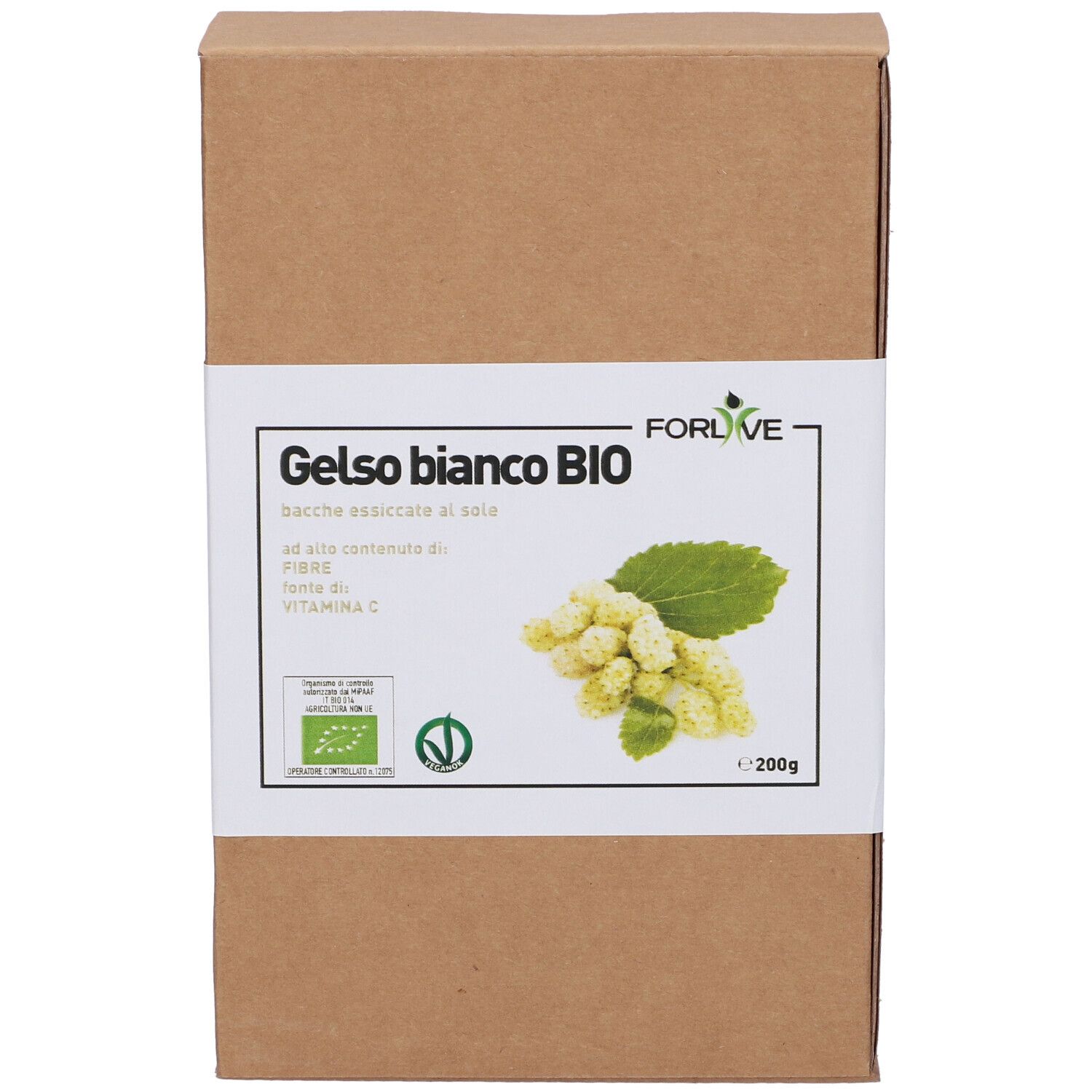 Scatola marrone con etichetta bianca. Scritto: Gelso bianco BIO, illustrazione di more bianche. Sigillo biologico.