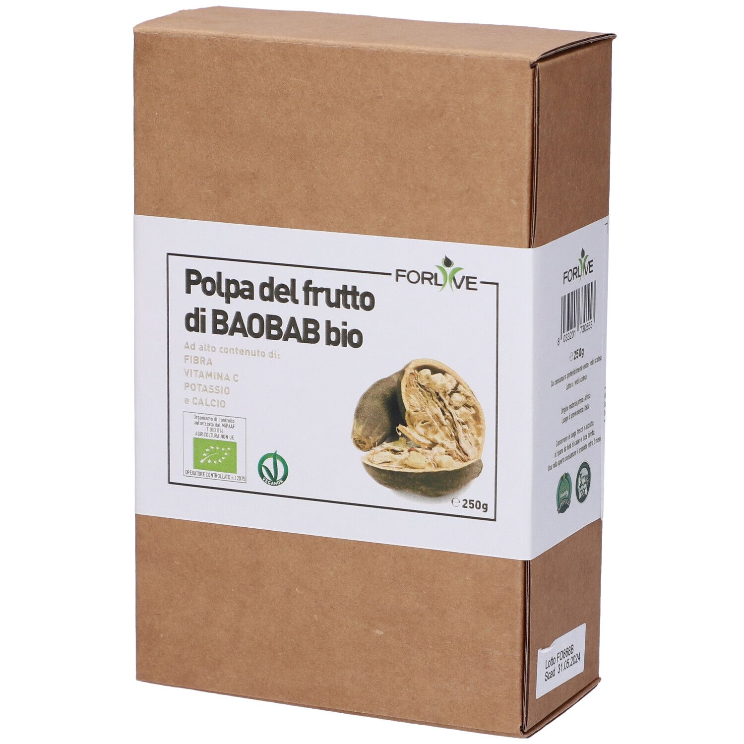 Confezione in cartone marrone con etichetta bianca. Scritta: Polpa del frutto di BAOBAB bio. Immagine di un frutto di baobab.