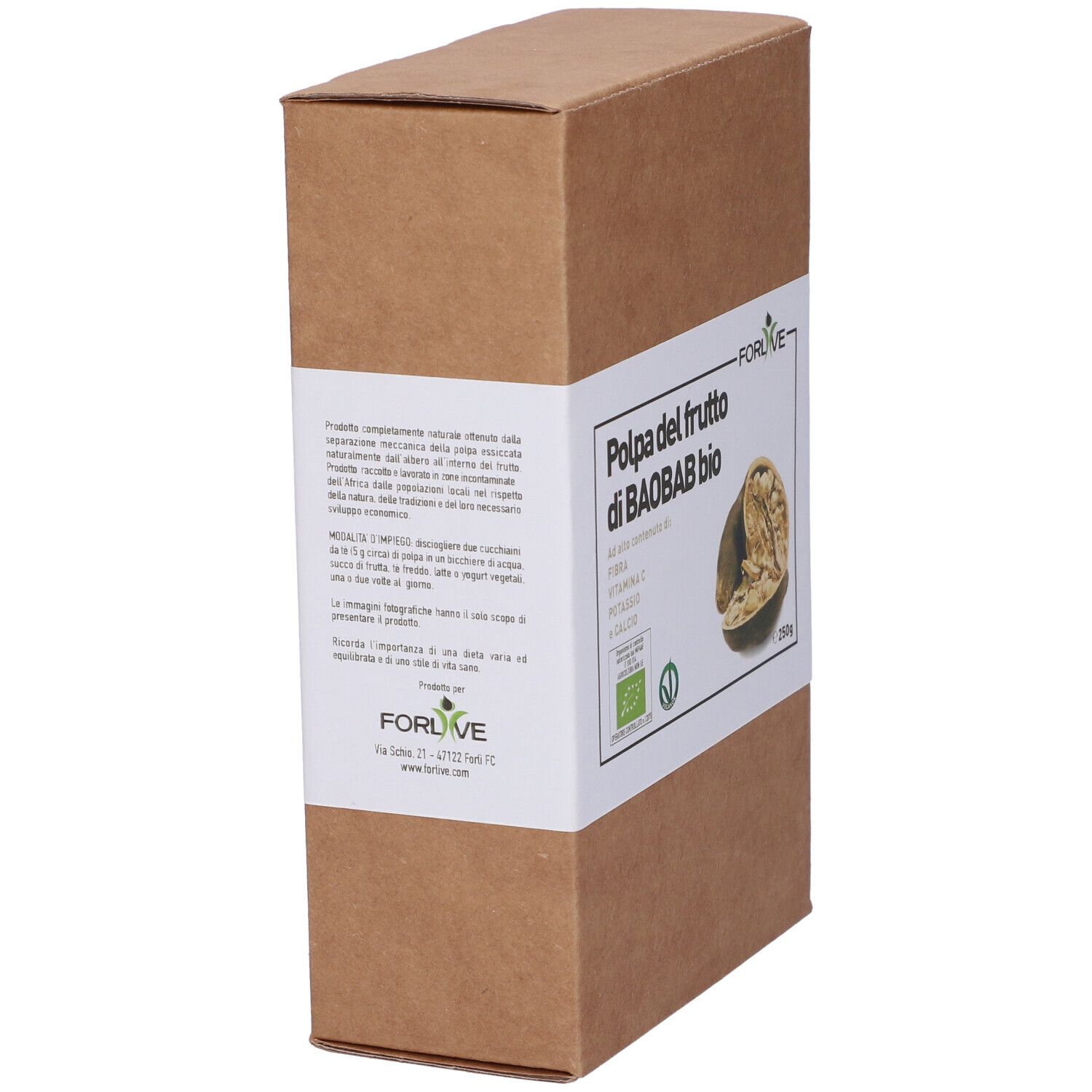 Confezione in cartone marrone con etichetta bianca. Scritta: Polpa del frutto di BAOBAB bio. Testo e immagine di un frutto.