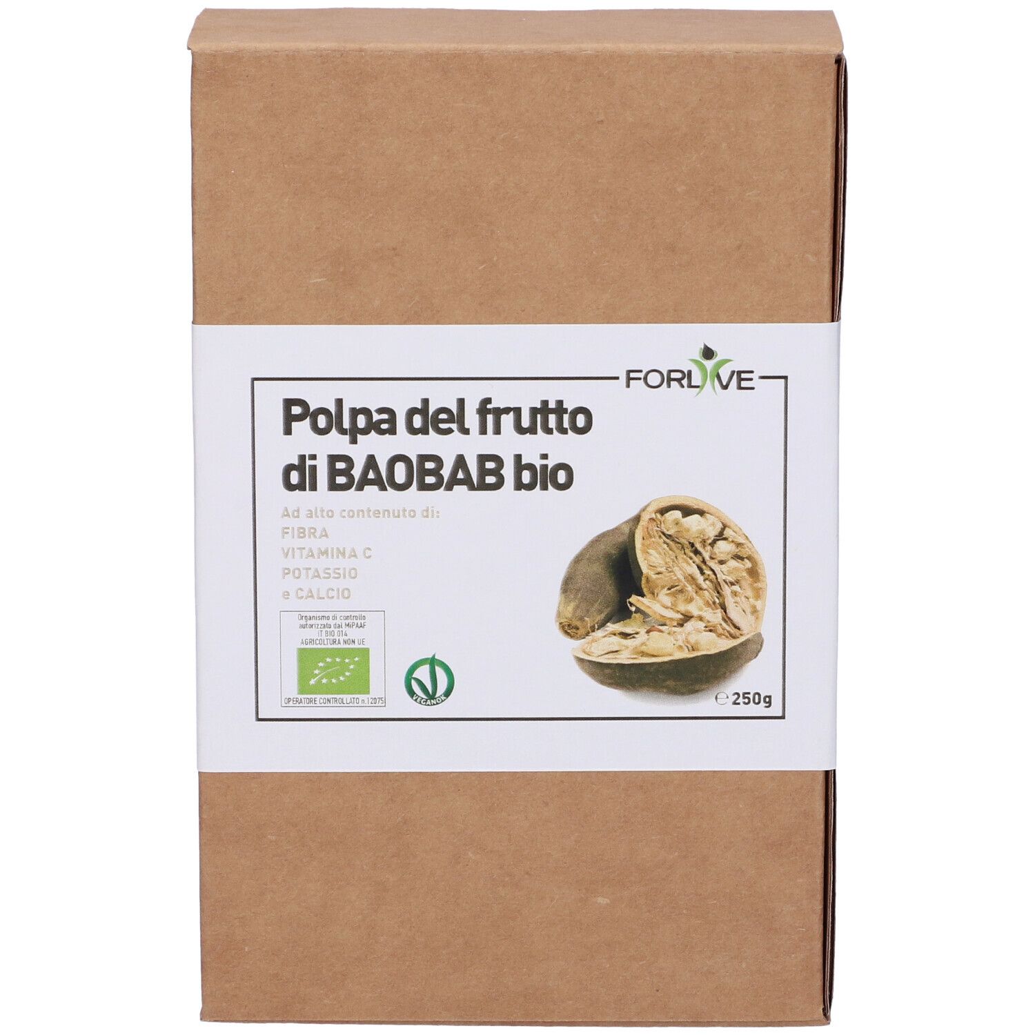 Confezione in cartone marrone con etichetta bianca. Scritta: Polpa del frutto di BAOBAB bio. Immagine di un frutto di baobab.
