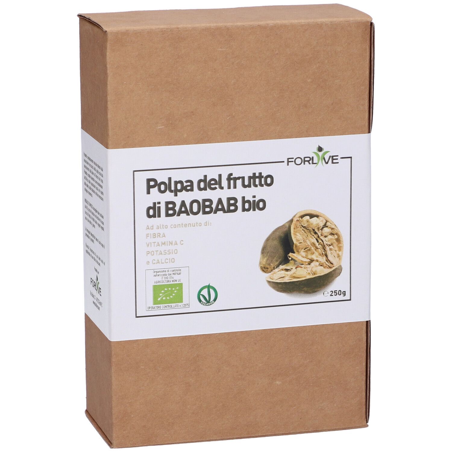 Confezione in cartone marrone con etichetta bianca. Scritta: Polpa del frutto di BAOBAB bio. Immagine di un frutto di baobab.