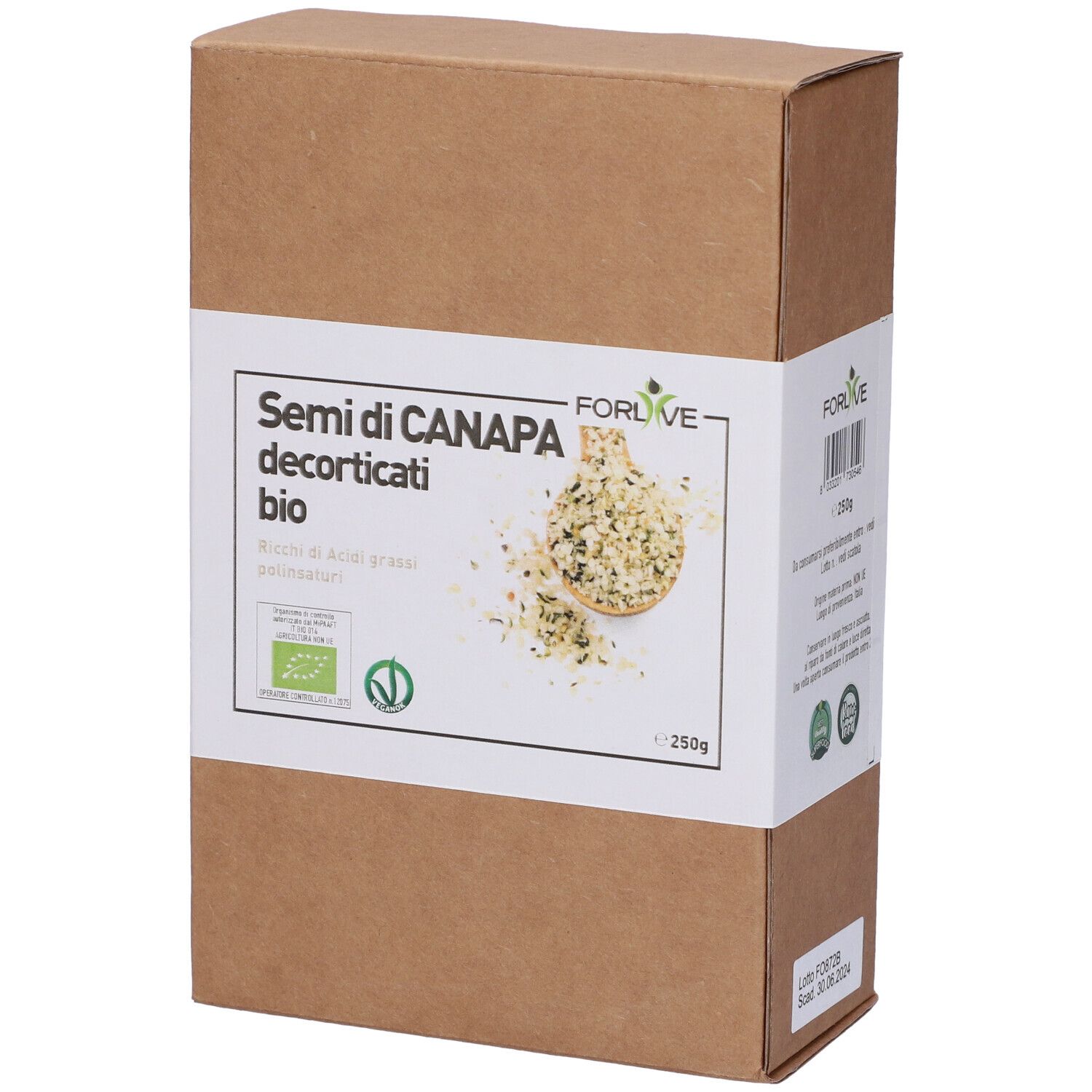 Confezione in cartone marrone con etichetta bianca. Scritta: Semi di Canapa decorticati bio. Certificazione bio.