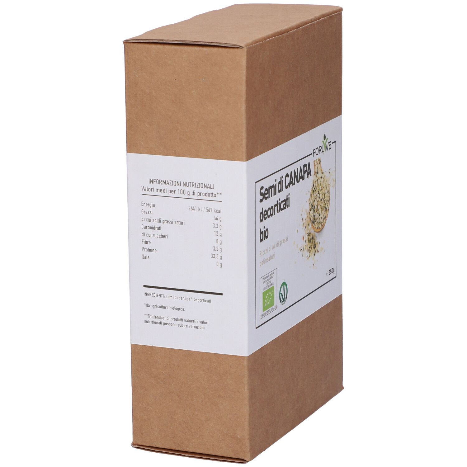 Confezione in cartone marrone con etichetta bianca. Scritta: Semi di Canapa decorticati bio. Certificazione bio.