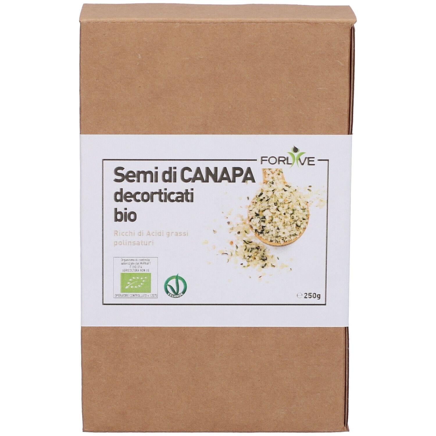 Confezione in cartone marrone con etichetta bianca. Scritta: Semi di Canapa decorticati bio. Certificazione bio.