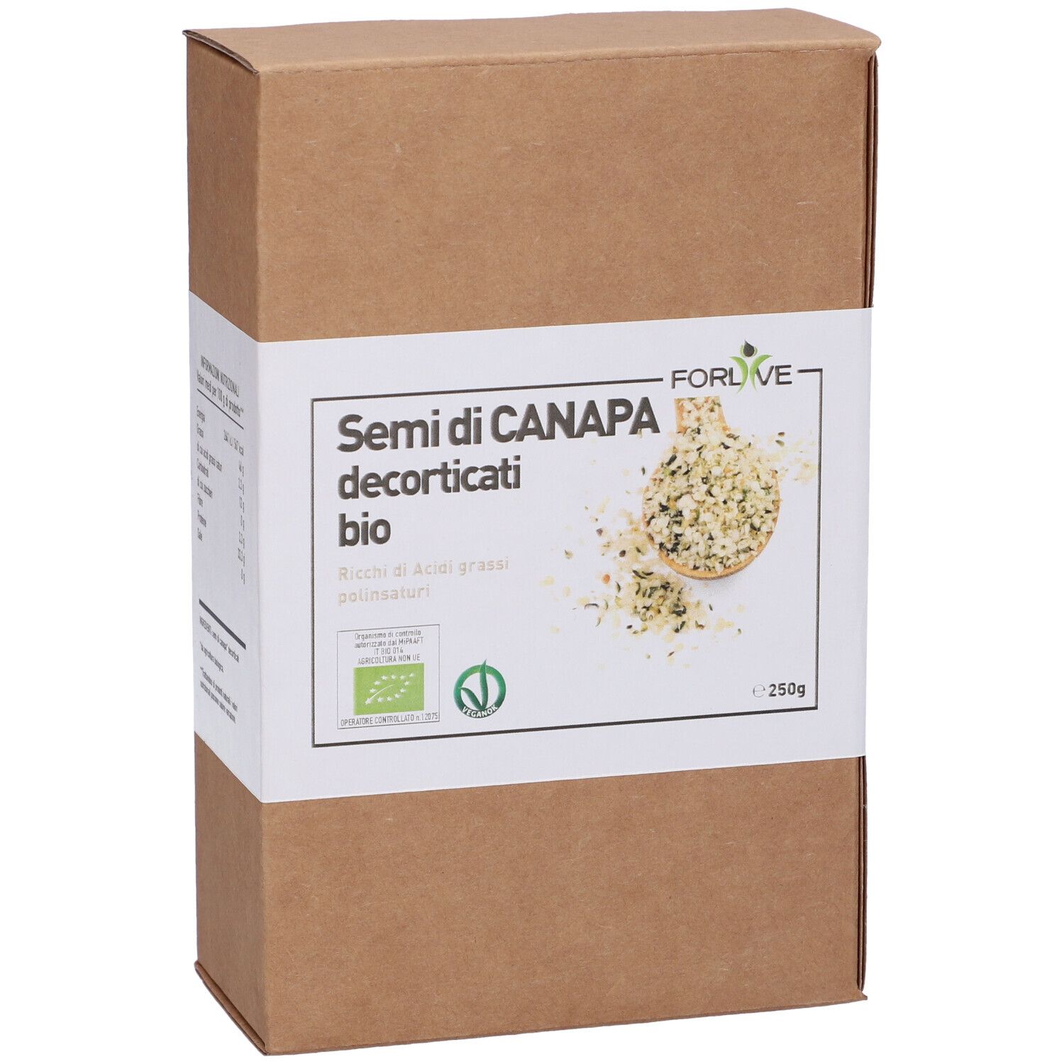 Confezione in cartone marrone con etichetta bianca. Scritta: Semi di Canapa decorticati bio. Certificazione bio.