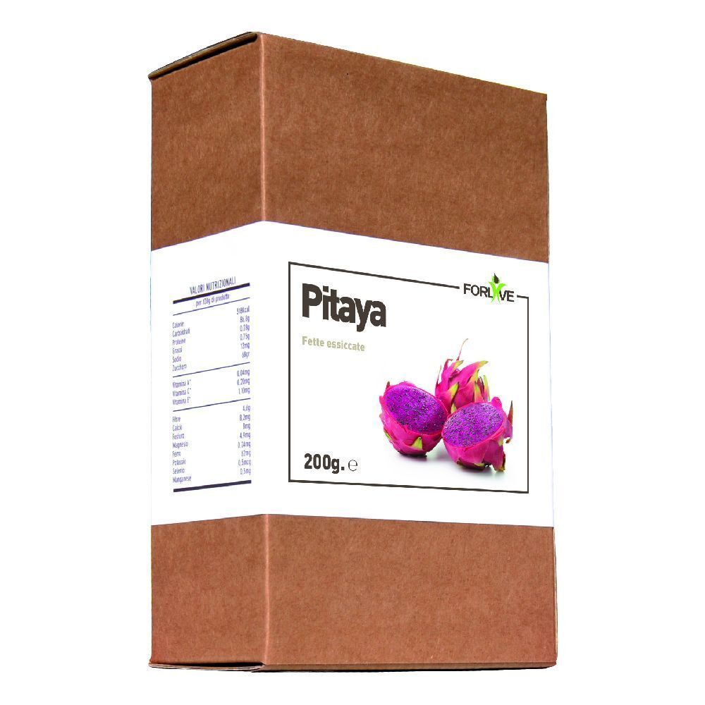 Confezione in cartone marrone con etichetta bianca. Scritta: Pitaya, 200g. Immagine di frutti di pitaya.