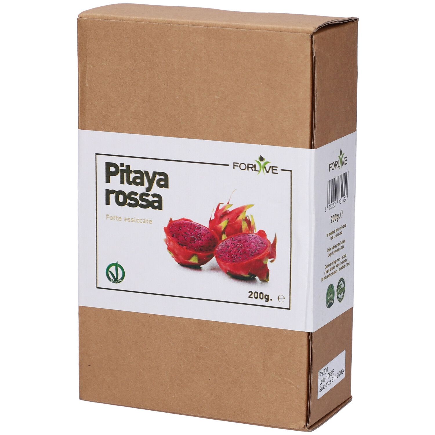 Confezione in cartone marrone con etichetta bianca. Scritta: Pitaya rossa, 200g. Immagine di frutti di pitaya rossi.