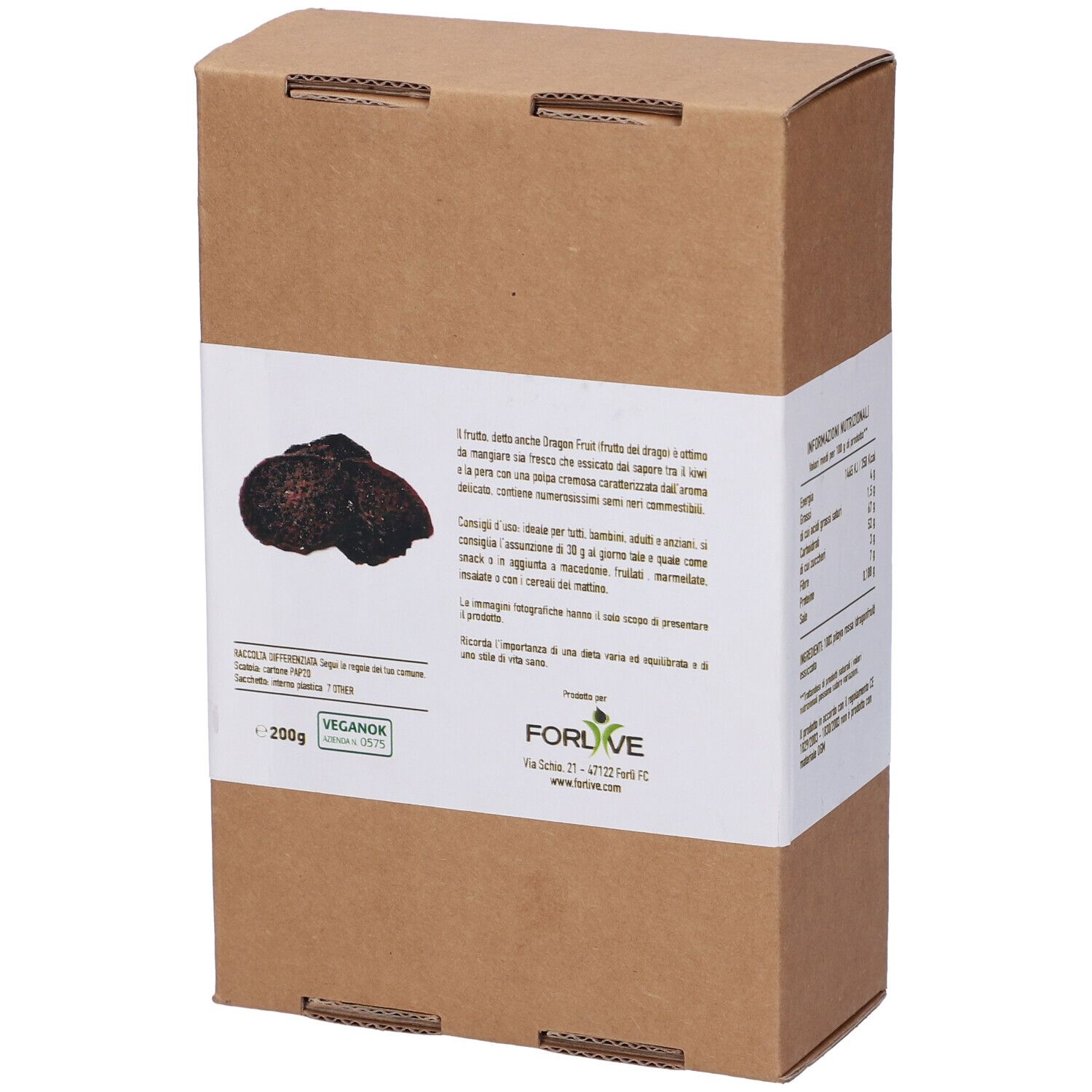 Confezione in cartone marrone con etichetta bianca. Scritta: 200g. Immagine di tartufi. Logo vegano.