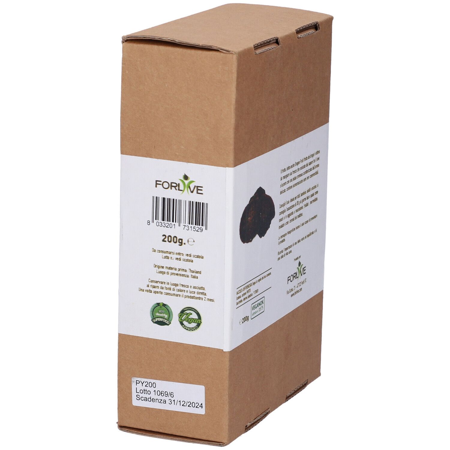 Confezione in cartone marrone con etichetta bianca. Scritta: 200g. Codice a barre. Logo vegano. Data di scadenza.