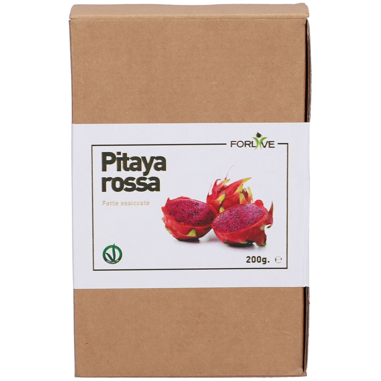 Confezione in cartone marrone con etichetta bianca. Scritta: Pitaya rossa, 200g. Immagine di frutti di pitaya rossi.