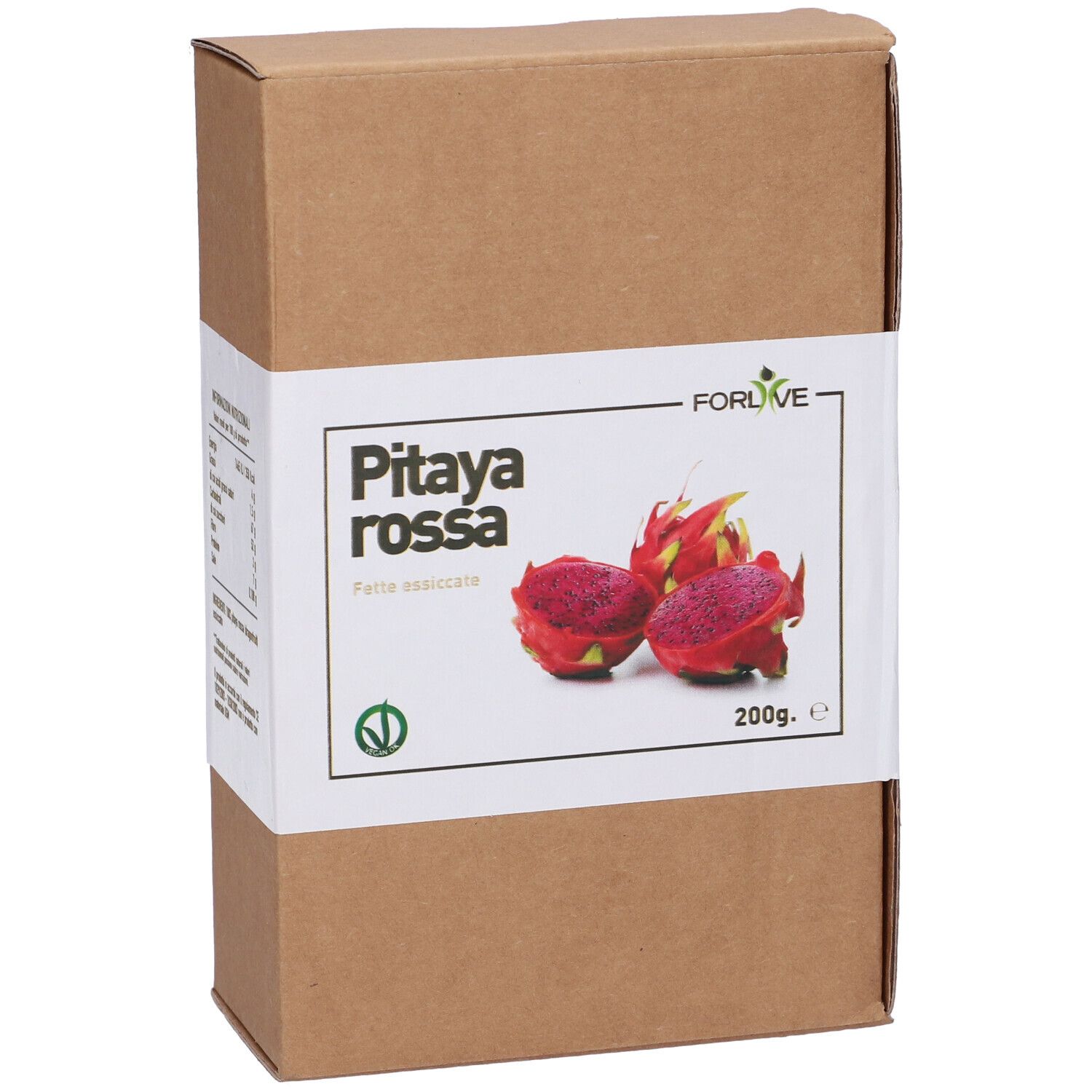 Confezione in cartone marrone con etichetta bianca. Scritta: Pitaya rossa, 200g. Immagine di frutti di pitaya rossi.