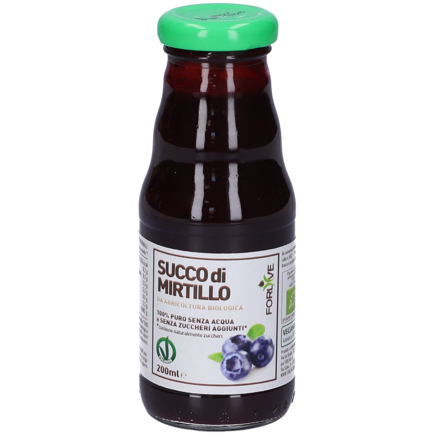 Bottiglia di vetro con tappo verde. Etichetta con nome prodotto: Succo di Mirtillo. Illustrazione di mirtilli. Certificazione bio.