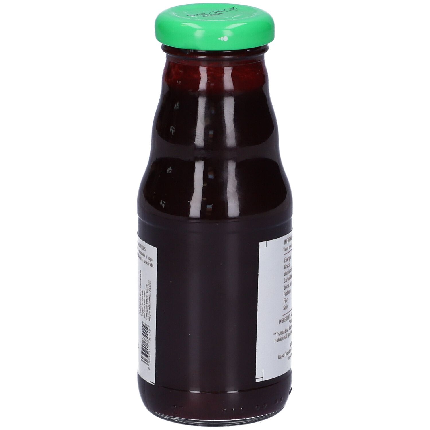 Bottiglia di vetro con tappo verde. Vista laterale con etichetta. Nome prodotto: Succo di Mirtillo. Certificazione bio.