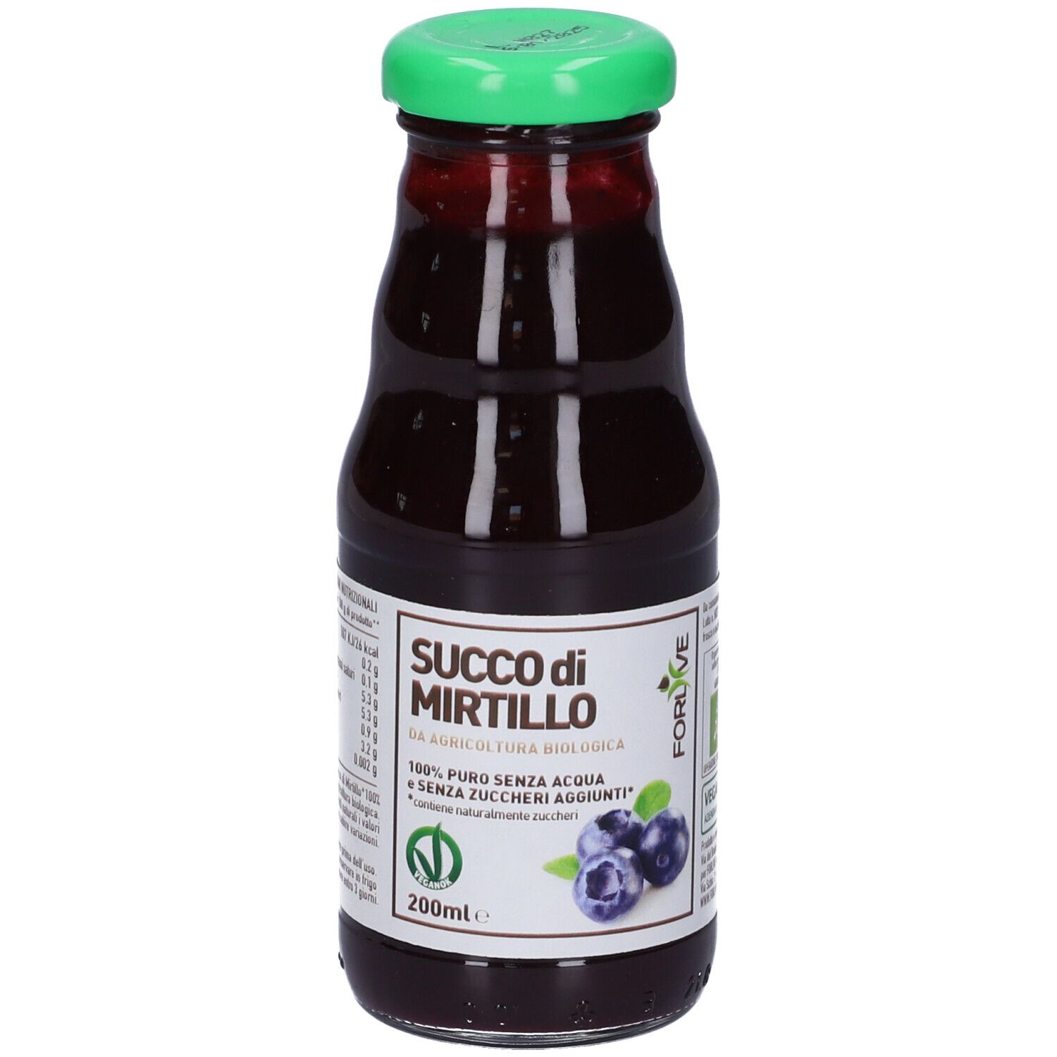 Bottiglia di vetro con tappo verde. Etichetta con nome prodotto: Succo di Mirtillo. Illustrazione di mirtilli. Certificazione bio.