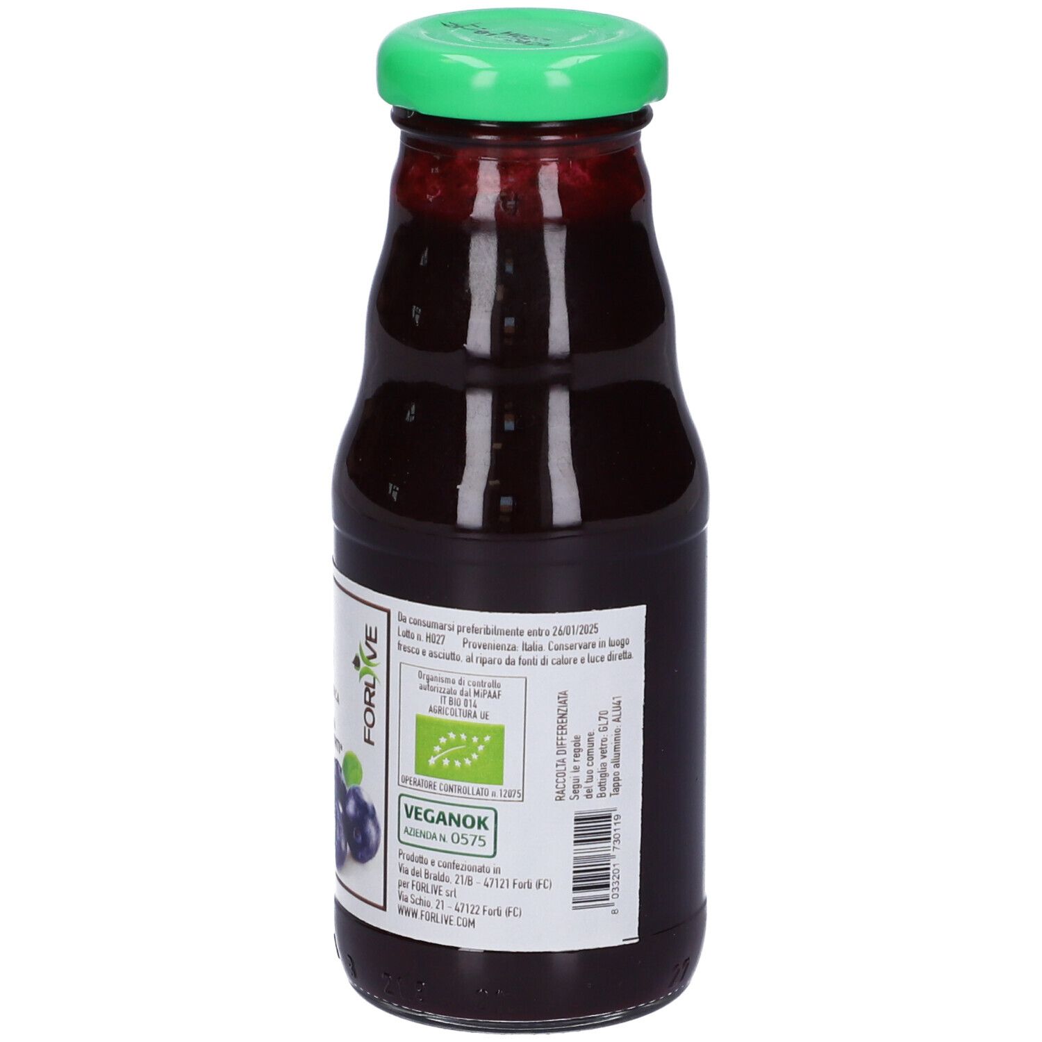 Bottiglia di vetro con tappo verde. Etichetta con nome prodotto: Succo di Mirtillo. Certificazione bio. Certificazione vegana.