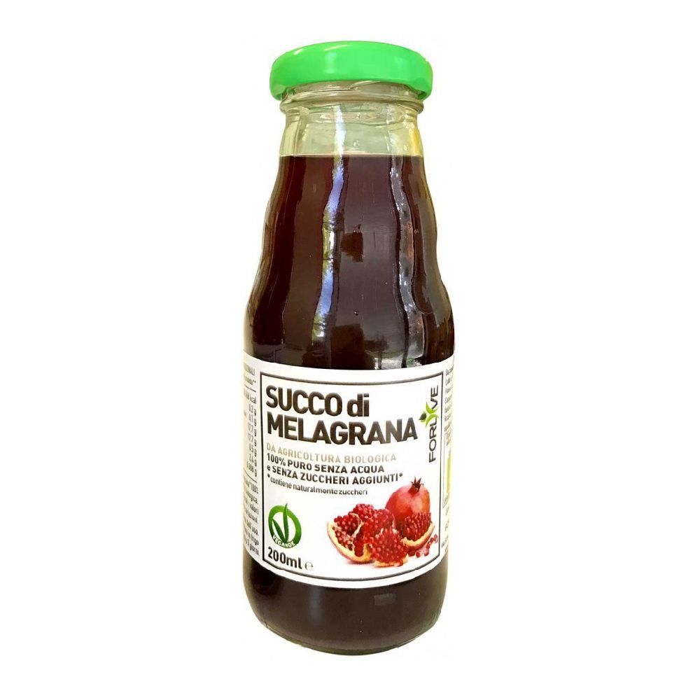 Bottiglia di vetro di succo di melograno. Tappo verde, etichetta bianca con nome del prodotto e immagine di melograno. Certificazione bio.