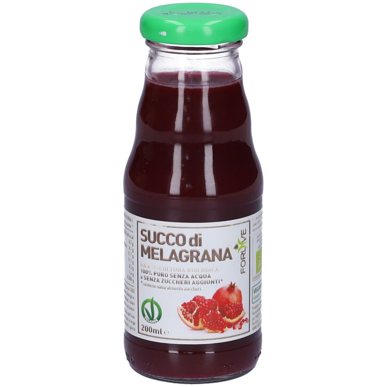 Succo di melograno in bottiglia di vetro. Tappo verde, etichetta bianca con nome del prodotto e immagine di melograno. Certificazione bio.