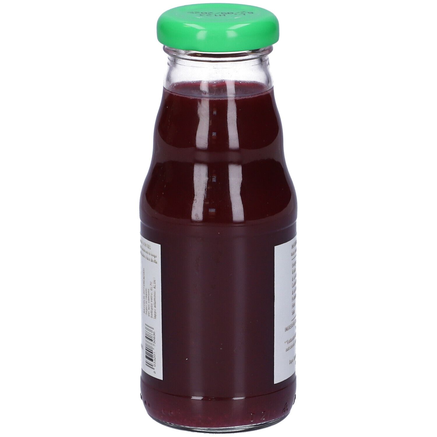 Bottiglia di vetro di succo di melograno, vista laterale. Tappo verde, etichetta bianca con informazioni sul prodotto. Certificazione bio.