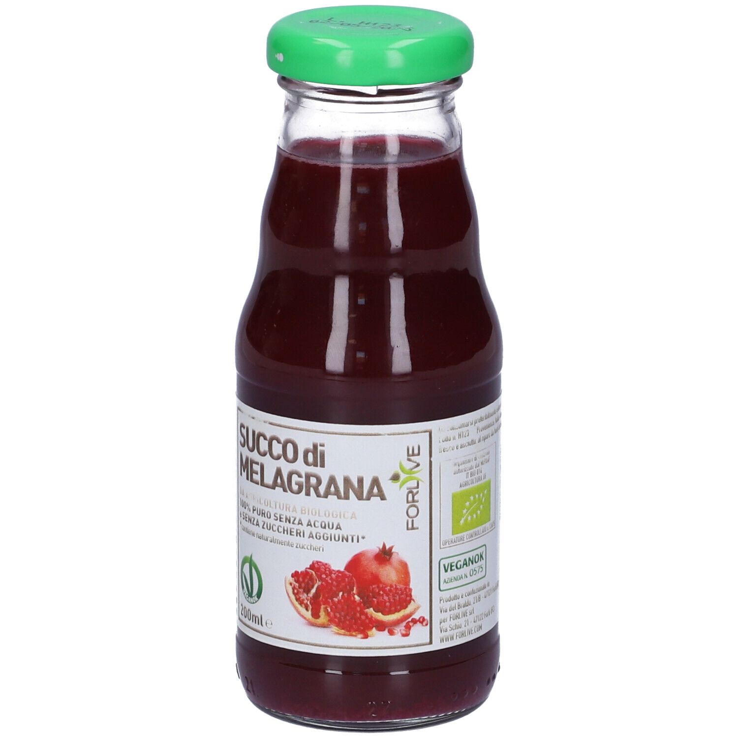 Bottiglia di vetro di succo di melograno. Tappo verde, etichetta bianca con nome, immagine di melograno e certificazione bio.