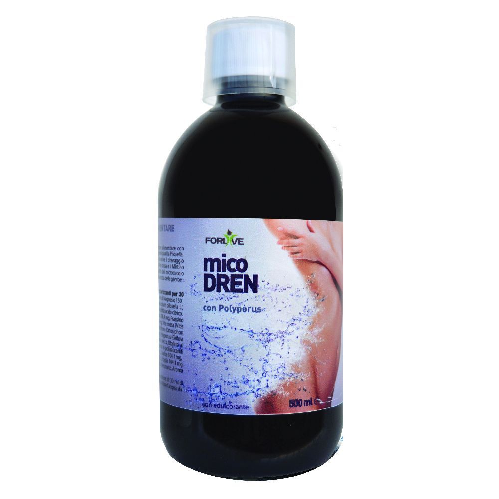 Liquido marrone in bottiglia con tappo bianco. Scritta: Micodren. 500ml.