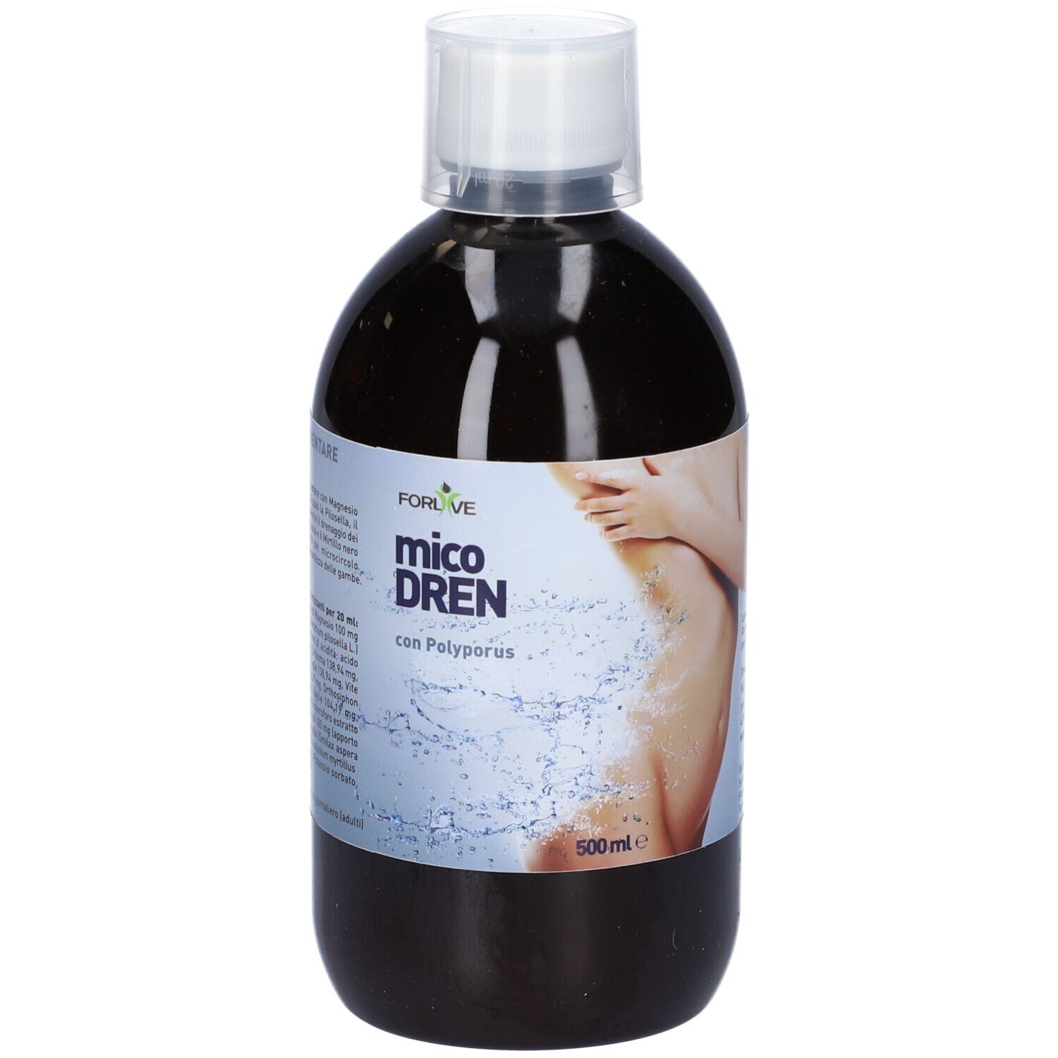 Liquido marrone in bottiglia con tappo bianco. Scritta: Micodren. 500ml.
