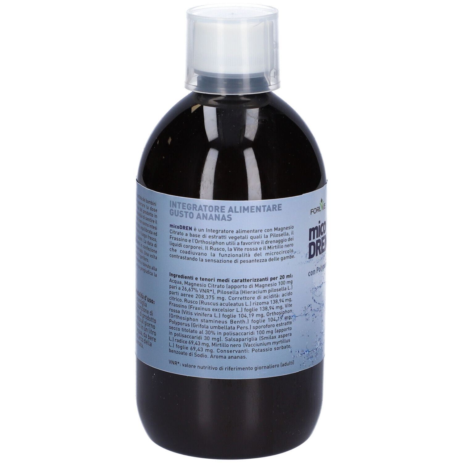 Liquido marrone in bottiglia con tappo bianco. Scritta: Micodren. 500ml.