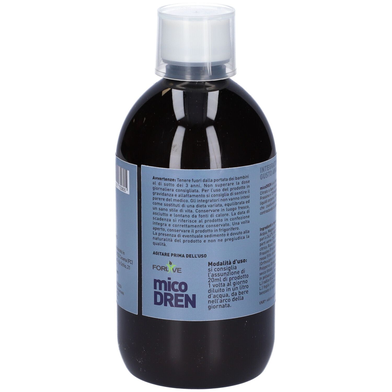 Liquido marrone in bottiglia con tappo bianco. Scritta: Micodren. 500ml.