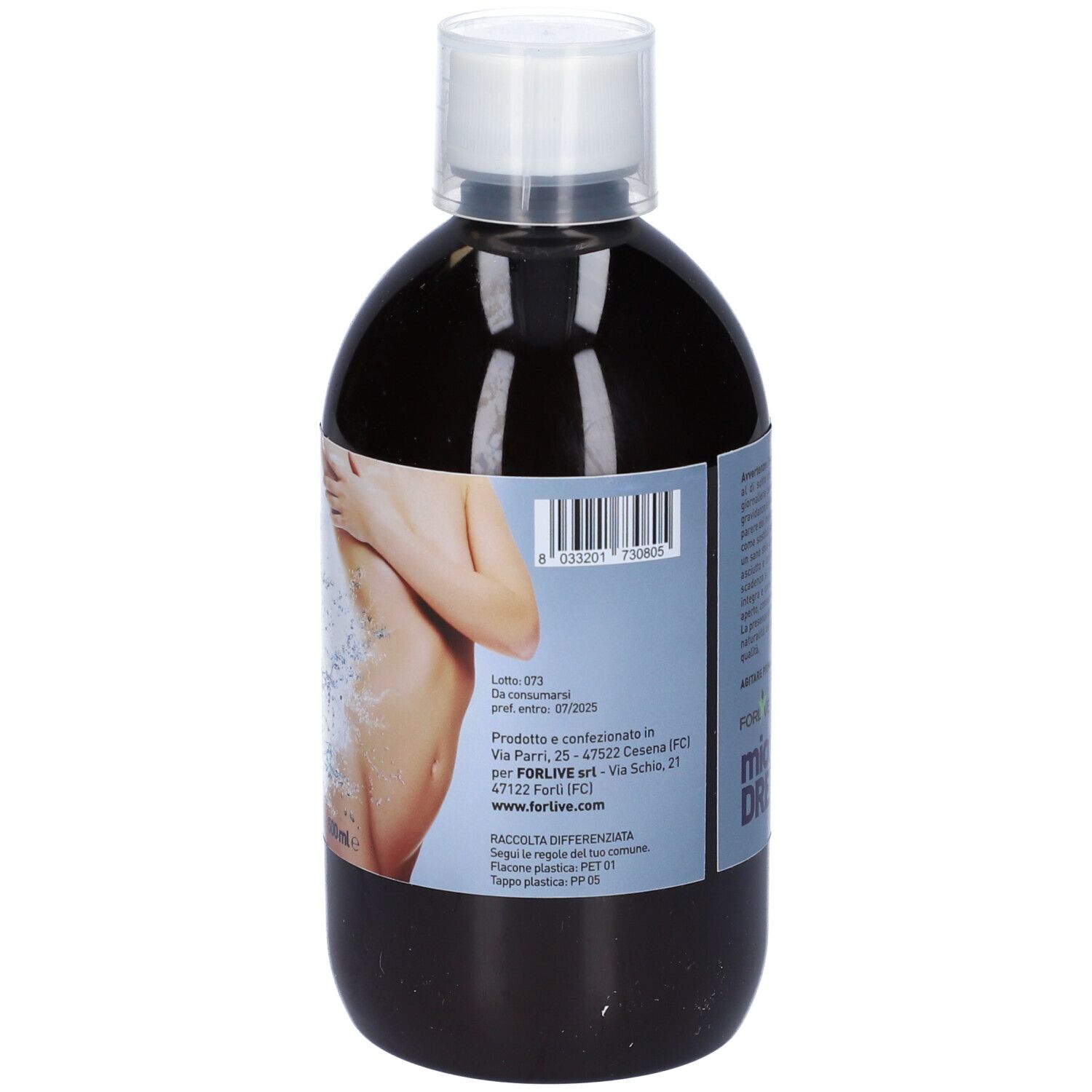 Liquido marrone in bottiglia con tappo bianco. Scritta: Micodren. 500ml.