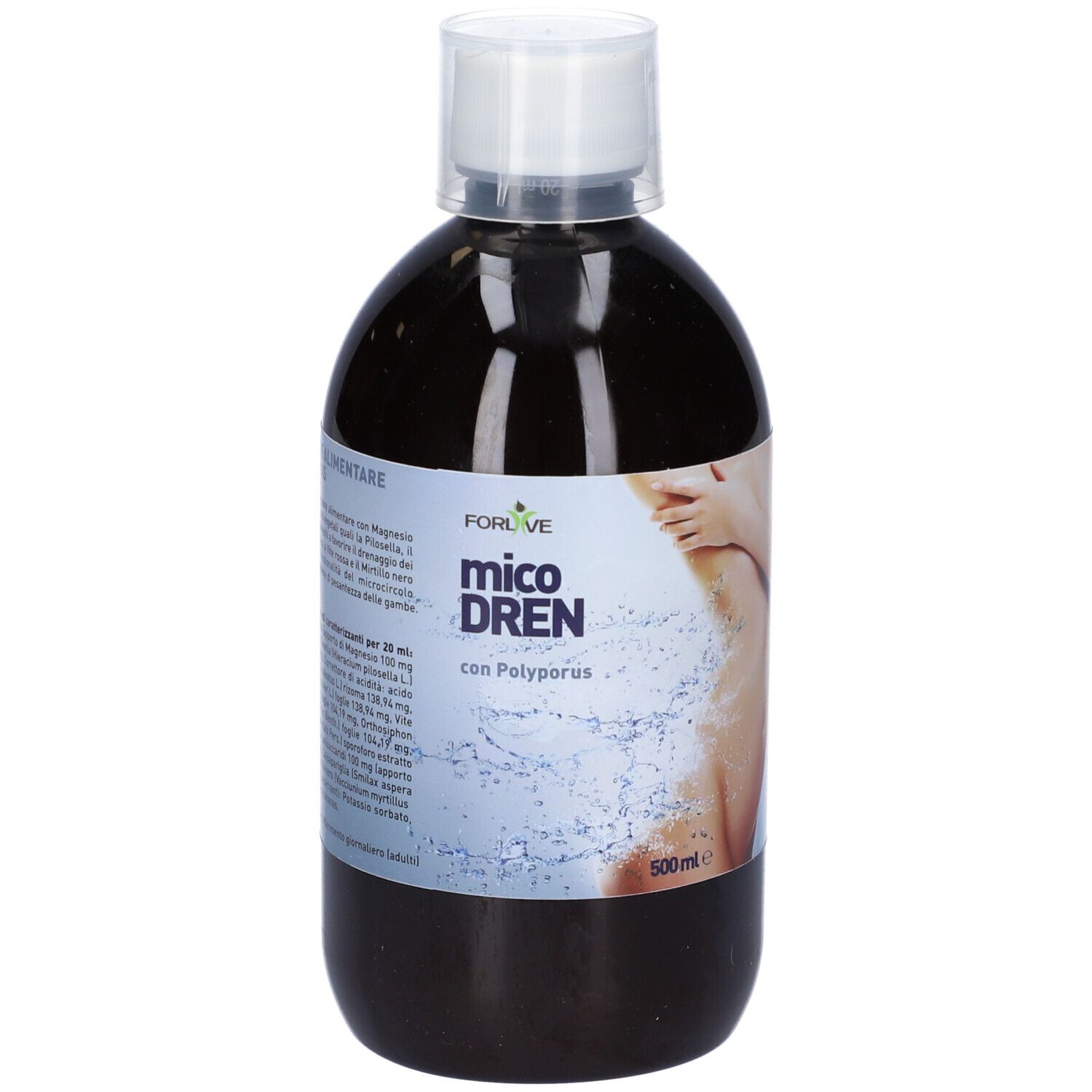 Liquido marrone in bottiglia con tappo bianco. Scritta: Micodren. 500ml.