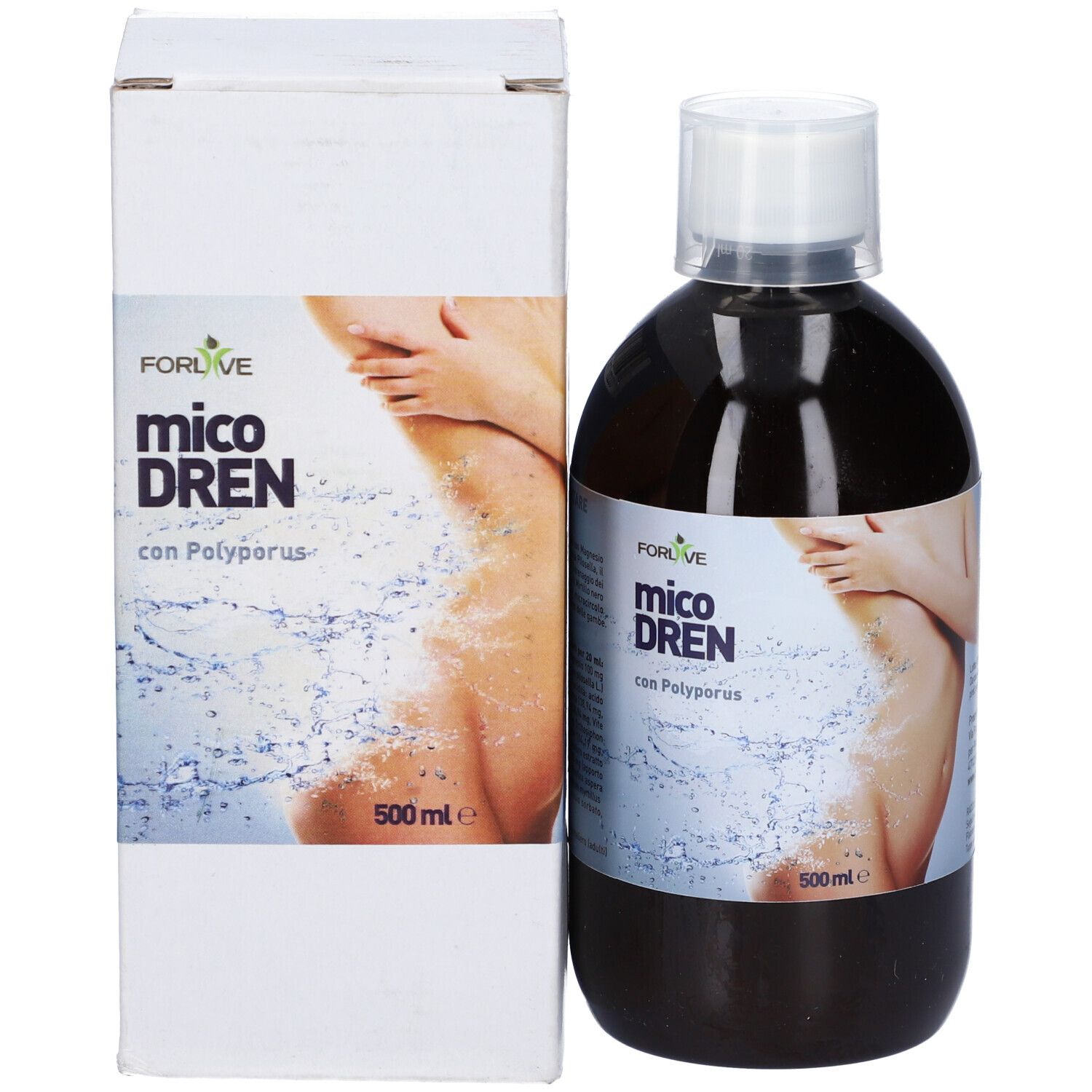 Bottiglia di liquido marrone e tappo bianco, con scatola. Scritta: Micodren. 500ml.