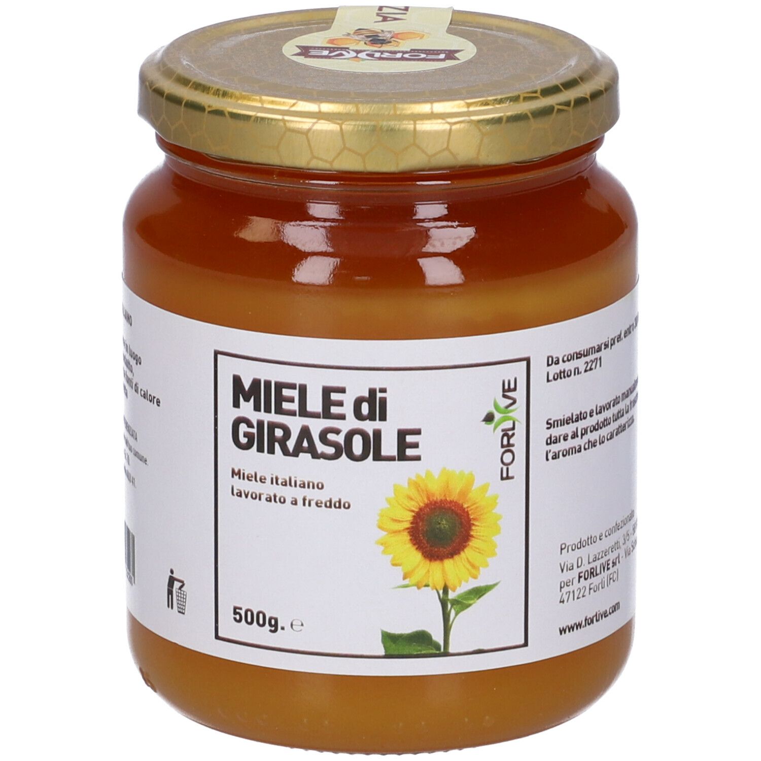 Vasetto di miele. Etichetta con 'Miele di Girasole' e girasole. Coperchio dorato. 500g.
