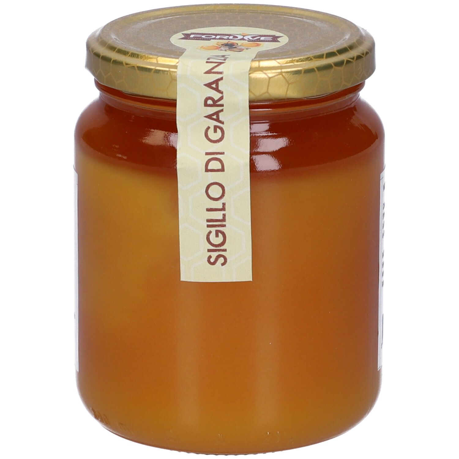 Vasetto di miele con coperchio dorato. Etichetta con 'Sigillo di Garanzia'.