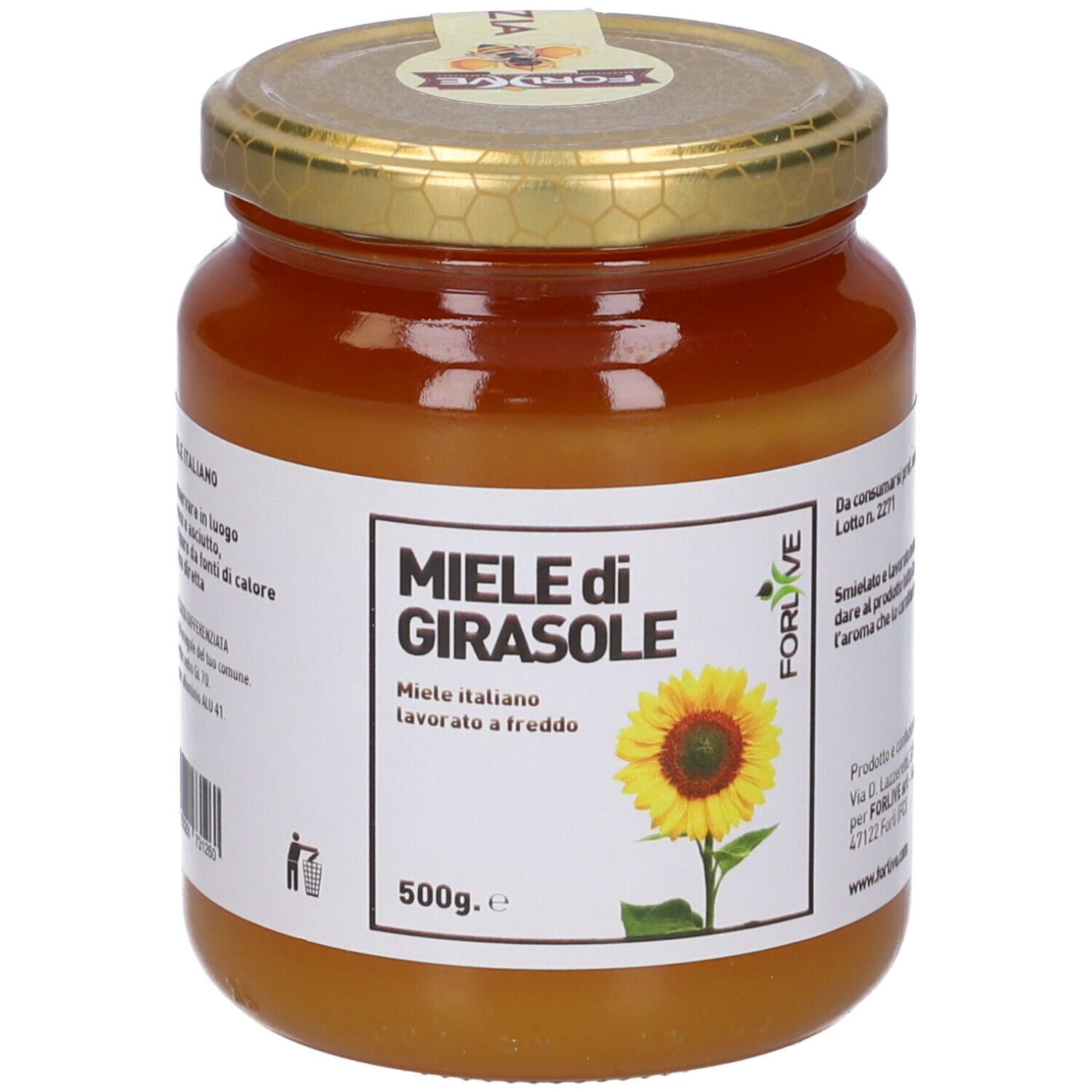 Vasetto di miele con coperchio dorato. Etichetta 'Miele di Girasole' e girasole. 500g.