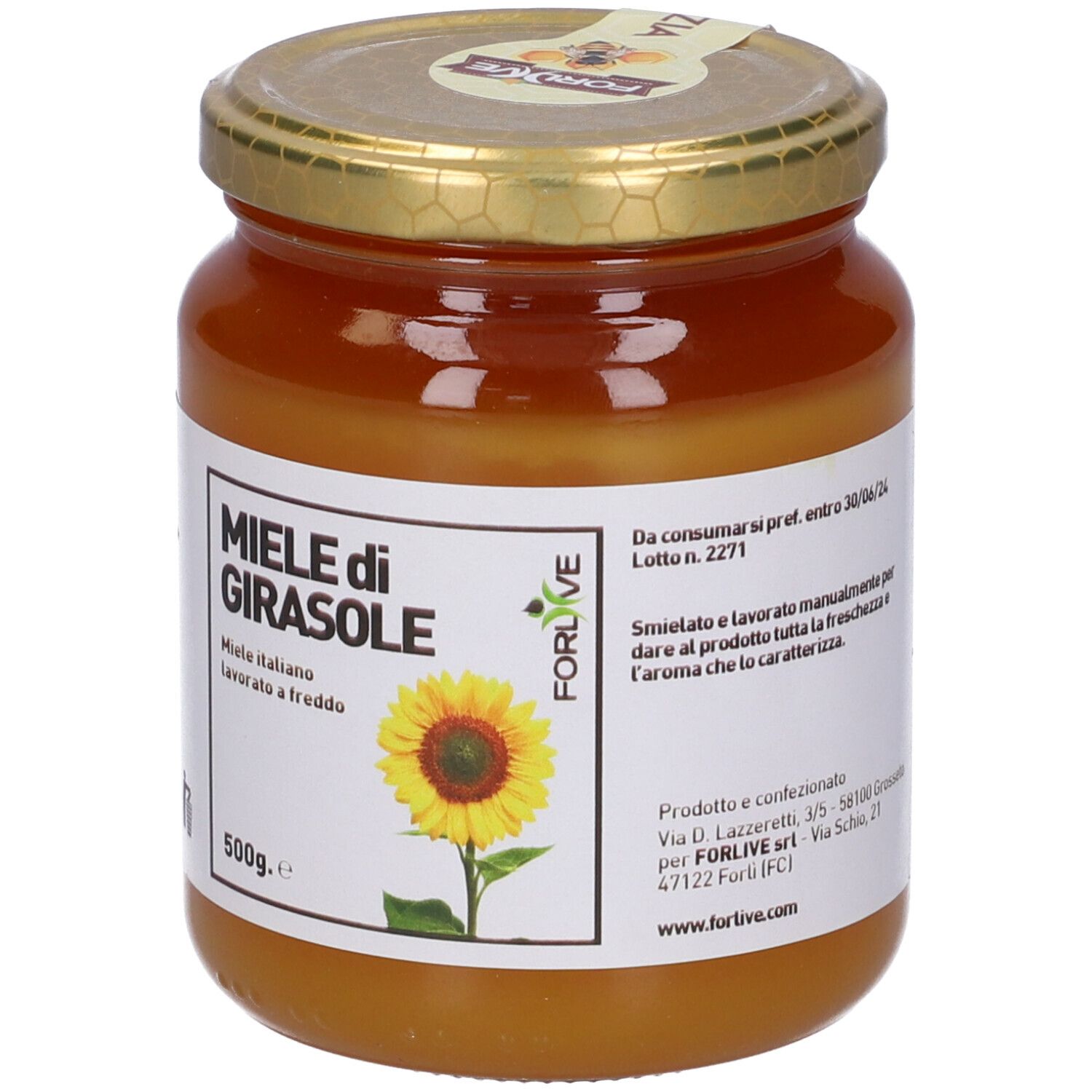 Vasetto di miele con coperchio dorato. Etichetta 'Miele di Girasole' e girasole. 500g.