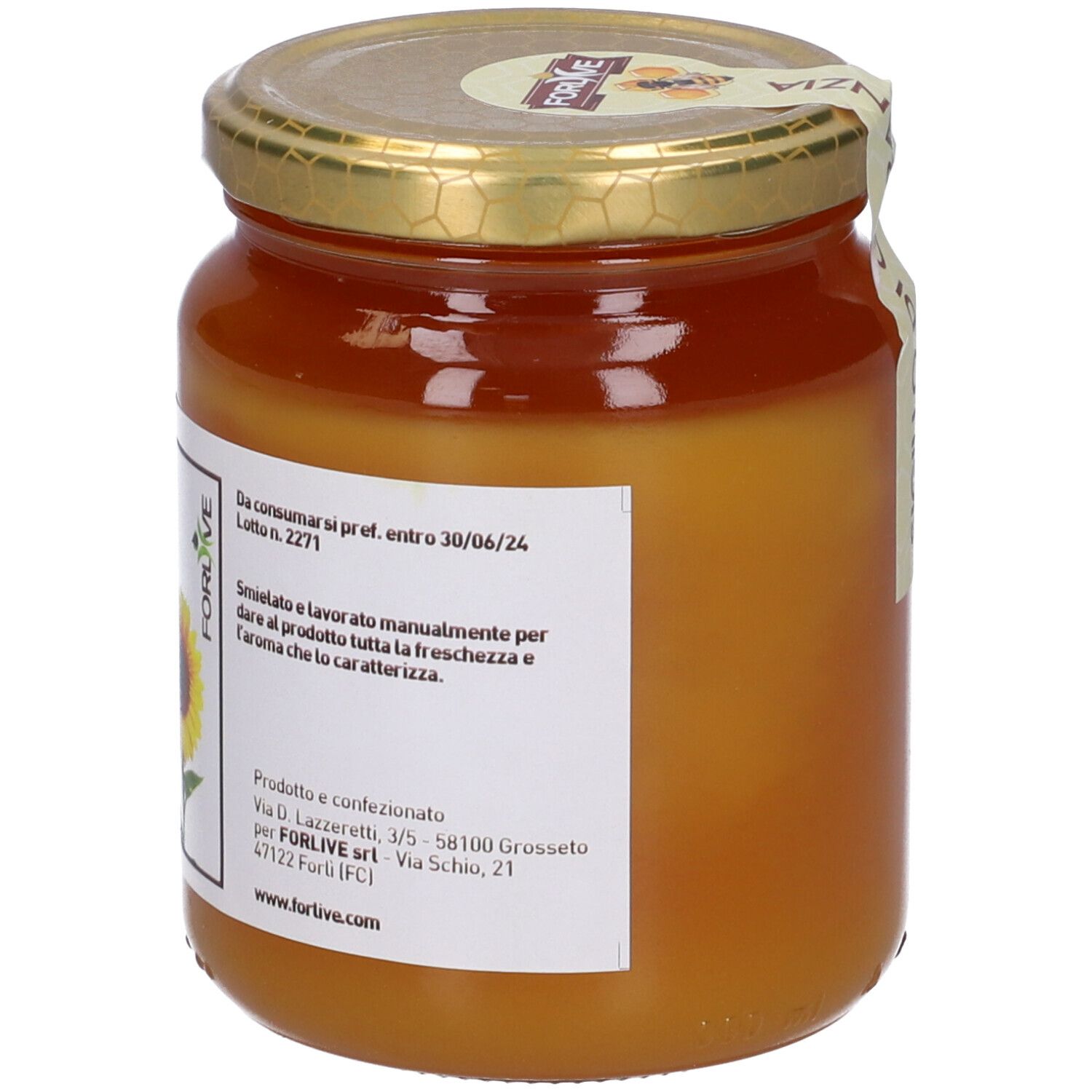 Vasetto di miele con coperchio dorato. Etichetta con testo e 'Miele di Girasole'.