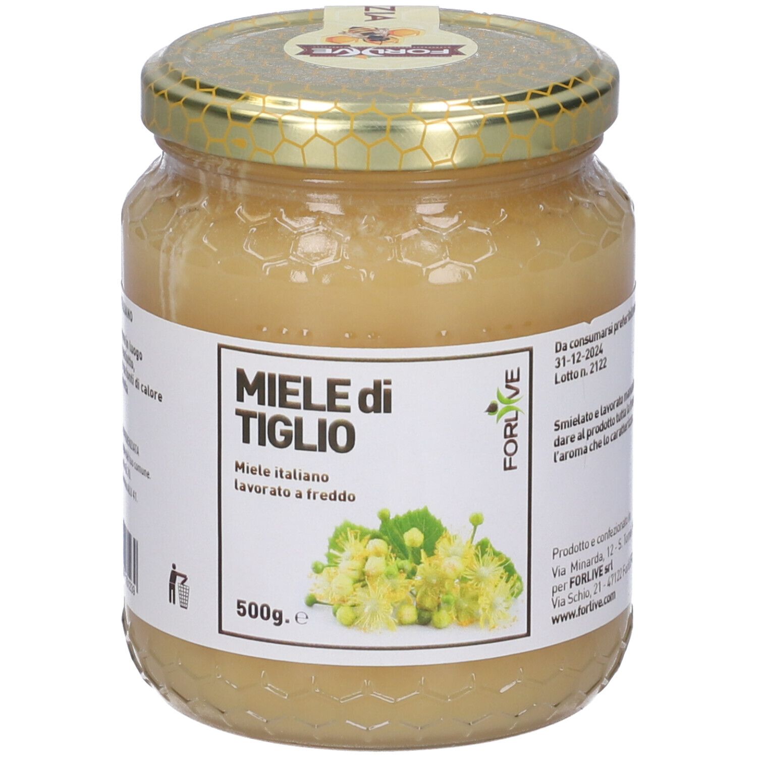 Vasetto di miele con etichetta 'Miele di Tiglio' e illustrazione floreale. Marchio Forlive. 500g.