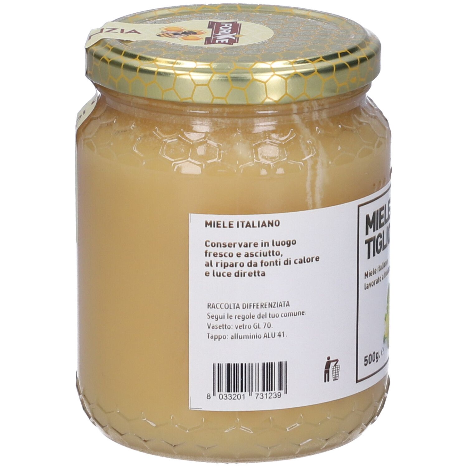 Vasetto di miele, vista posteriore. Etichetta con testo 'Miele Italiano'. Codice a barre e informazioni di riciclo.