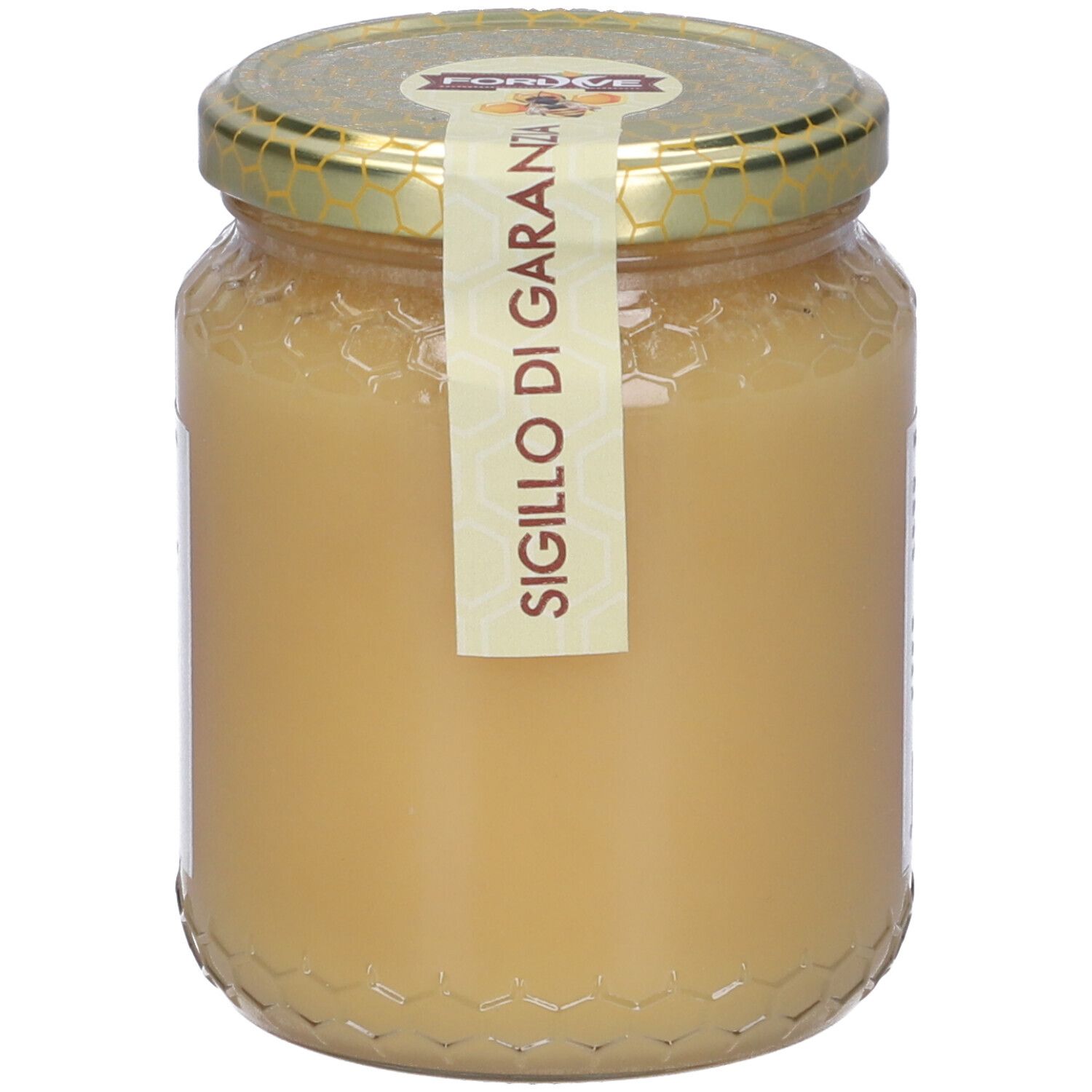 Vasetto di miele con sigillo 'Sigillo di Garanzia' sul coperchio. Coperchio dorato a nido d'ape.