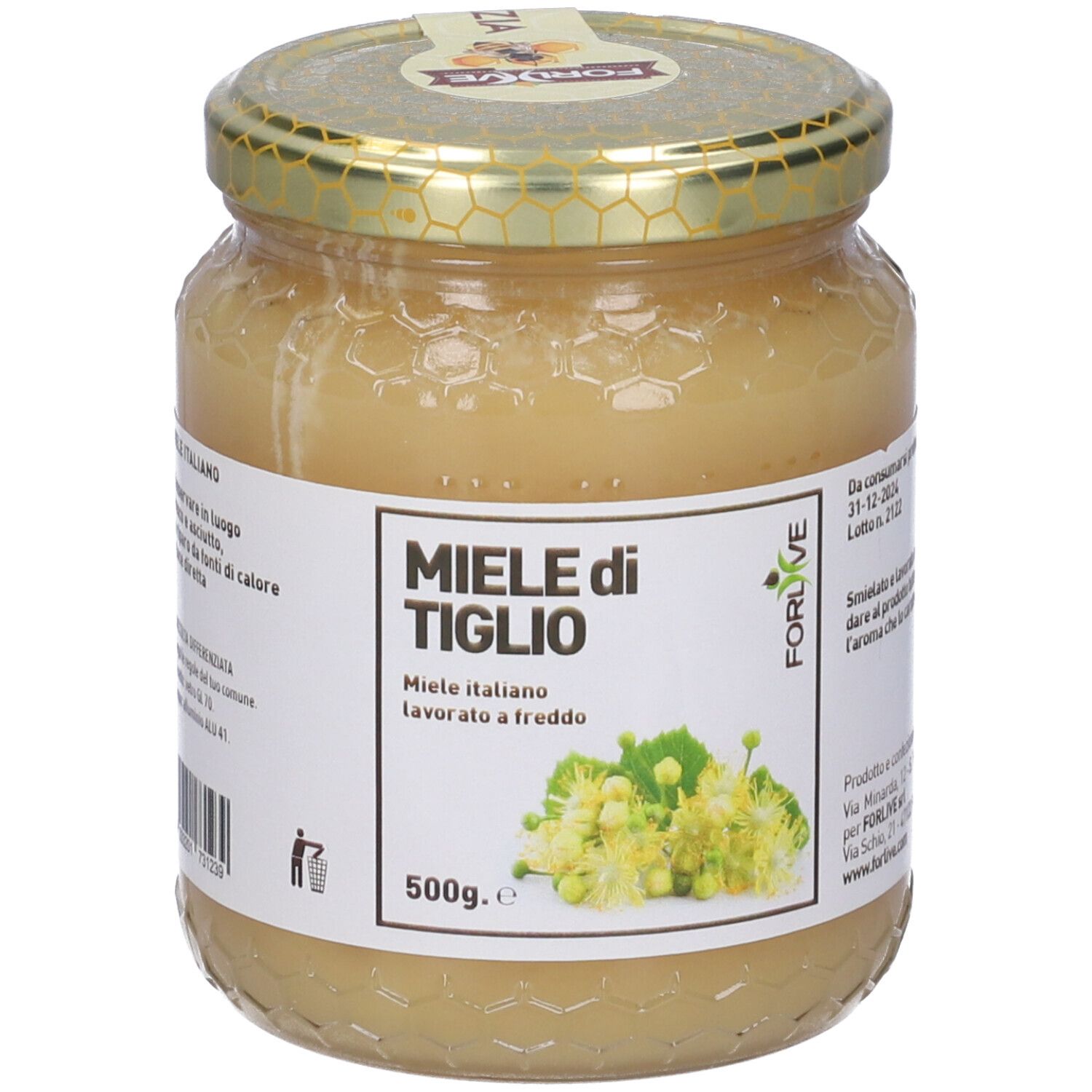 Vasetto di miele con etichetta 'Miele di Tiglio' e illustrazione floreale. Marchio Forlive. 500g.