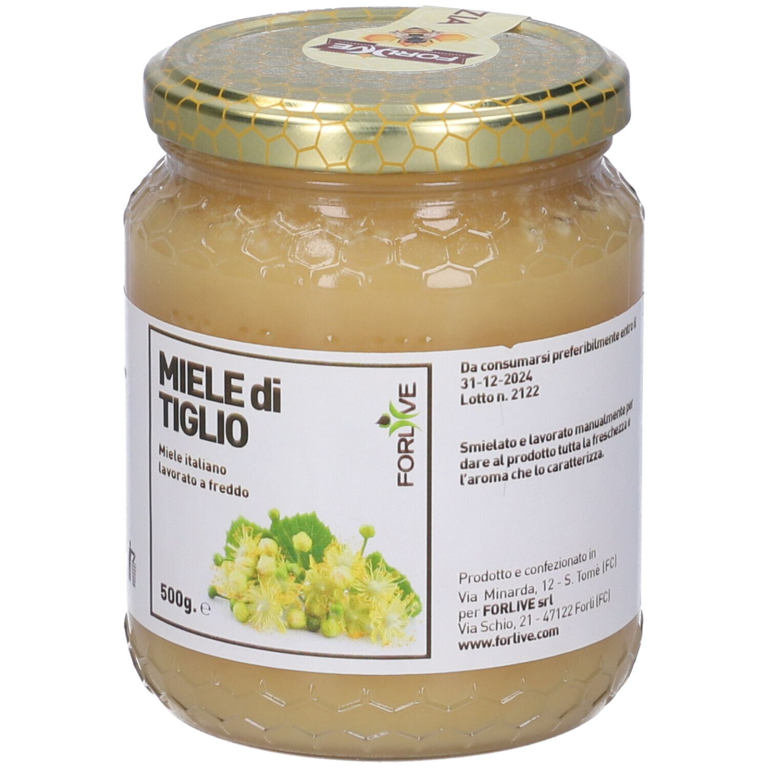 Vasetto di miele con etichetta 'Miele di Tiglio' e illustrazione floreale. Marchio Forlive. 500g.