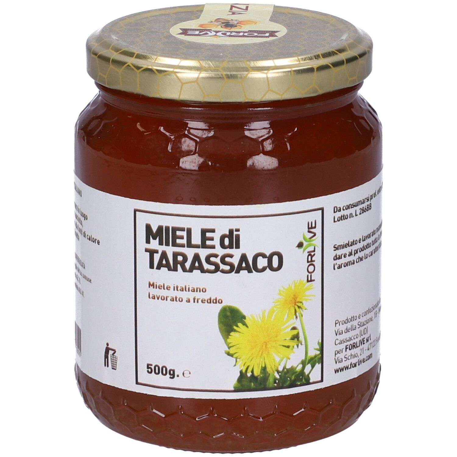 Vasetto di miele con etichetta. Scritta: Miele di Tarassaco, 500g. Miele giallo, coperchio dorato. Marchio Forlive.