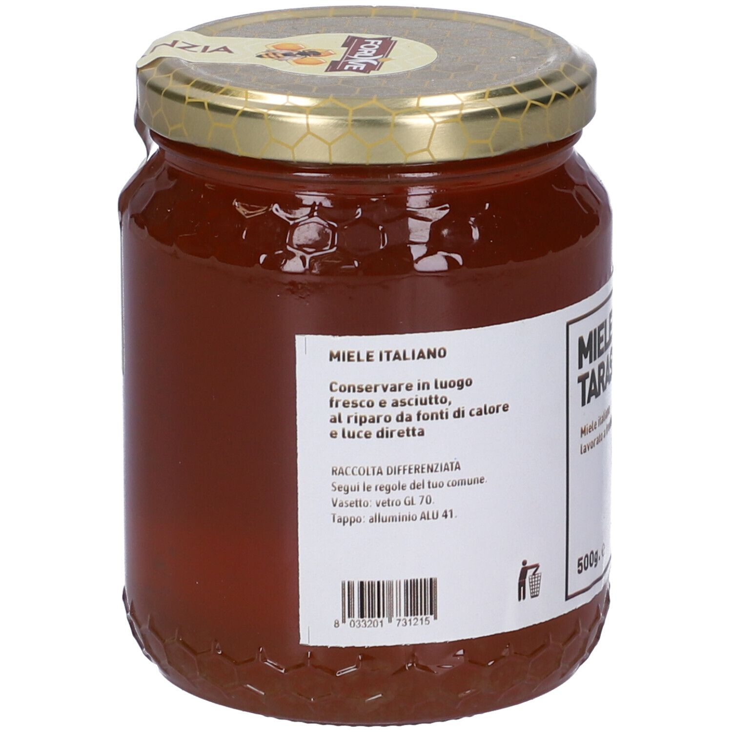 Vasetto di miele con coperchio dorato. Retro con etichetta. Testo: Miele Italiano. Simbolo riciclo. Codice a barre.