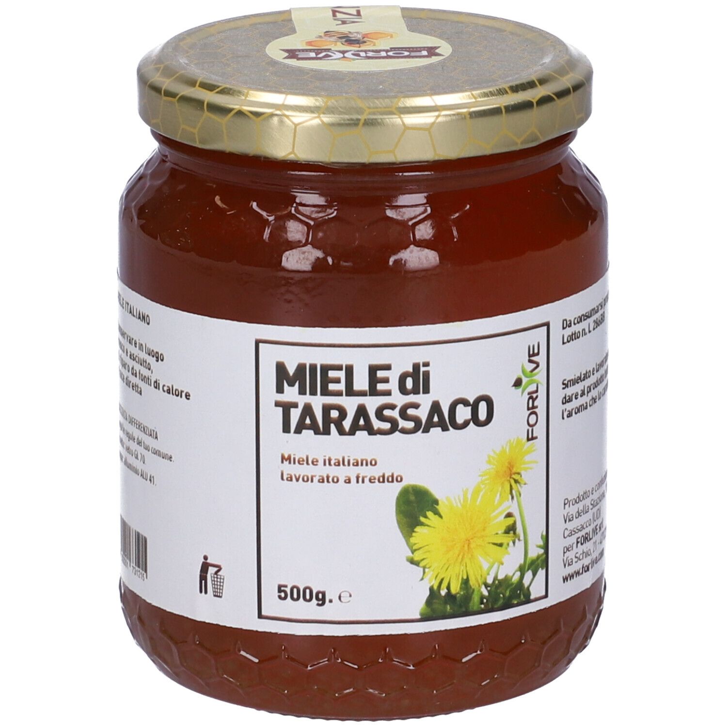 Vasetto di miele con etichetta. Scritta: Miele di Tarassaco, 500g. Miele giallo, coperchio dorato. Marchio Forlive.