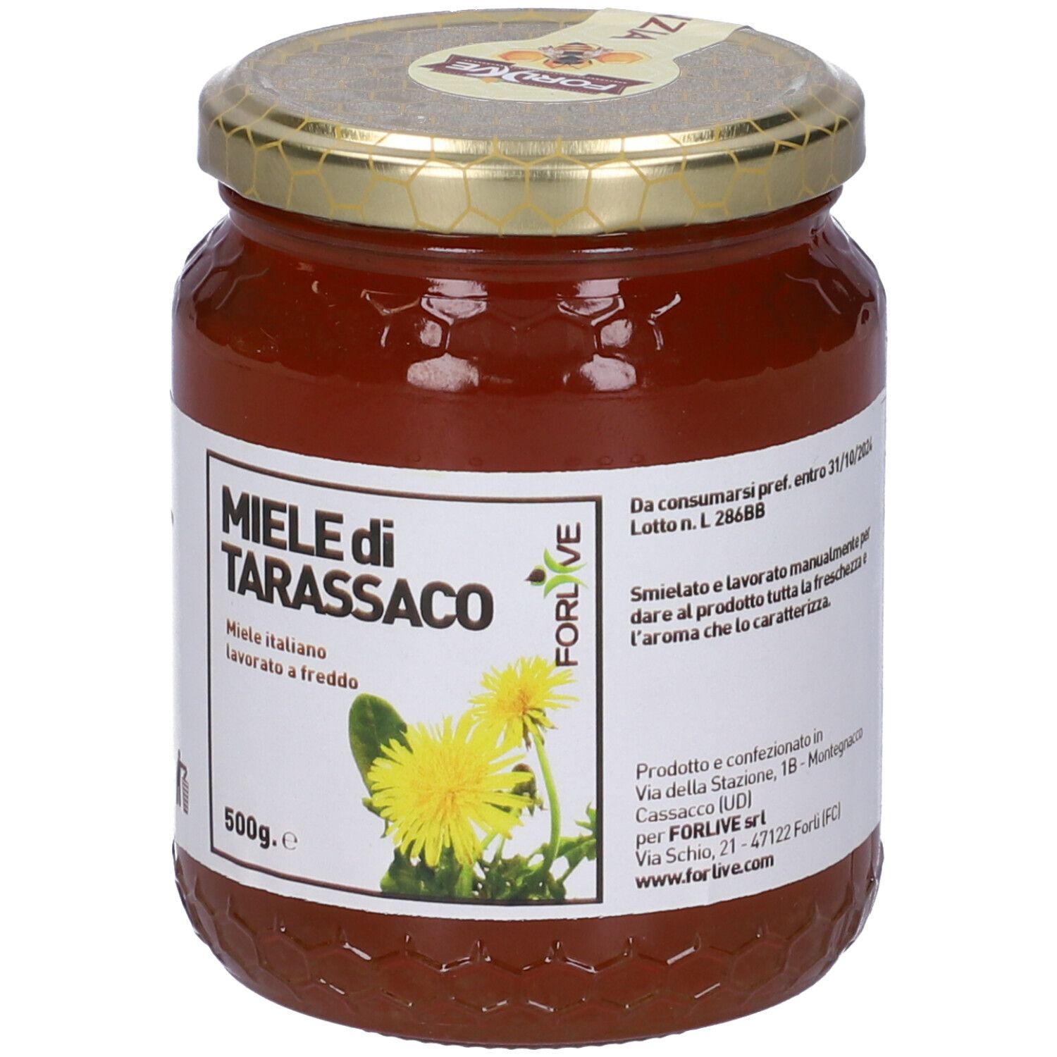 Vasetto di miele con etichetta. Scritta: Miele di Tarassaco, 500g. Miele giallo, coperchio dorato. Marchio Forlive.