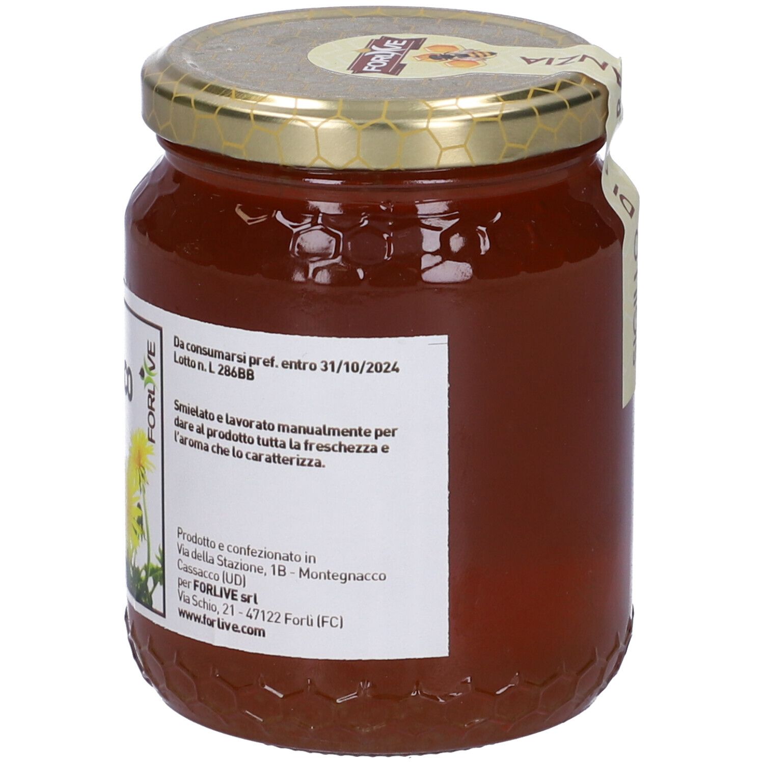 Vasetto di miele con etichetta. Scritta: Miele di Tarassaco, 500g. Miele giallo, coperchio dorato. Marchio Forlive.