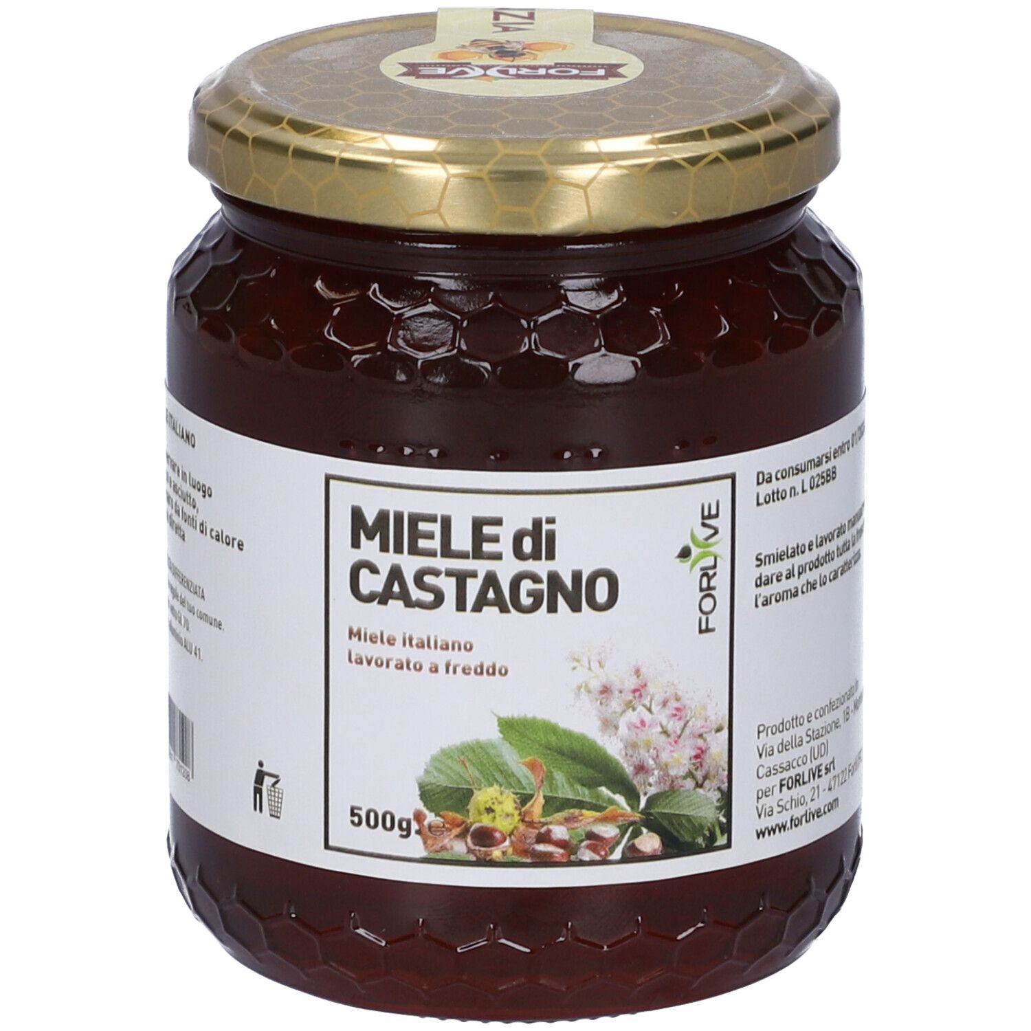 Barattolo di miele "Miele di Castagno". Etichetta bianca con testo e illustrazione. Coperchio dorato. Marchio "Forlive".