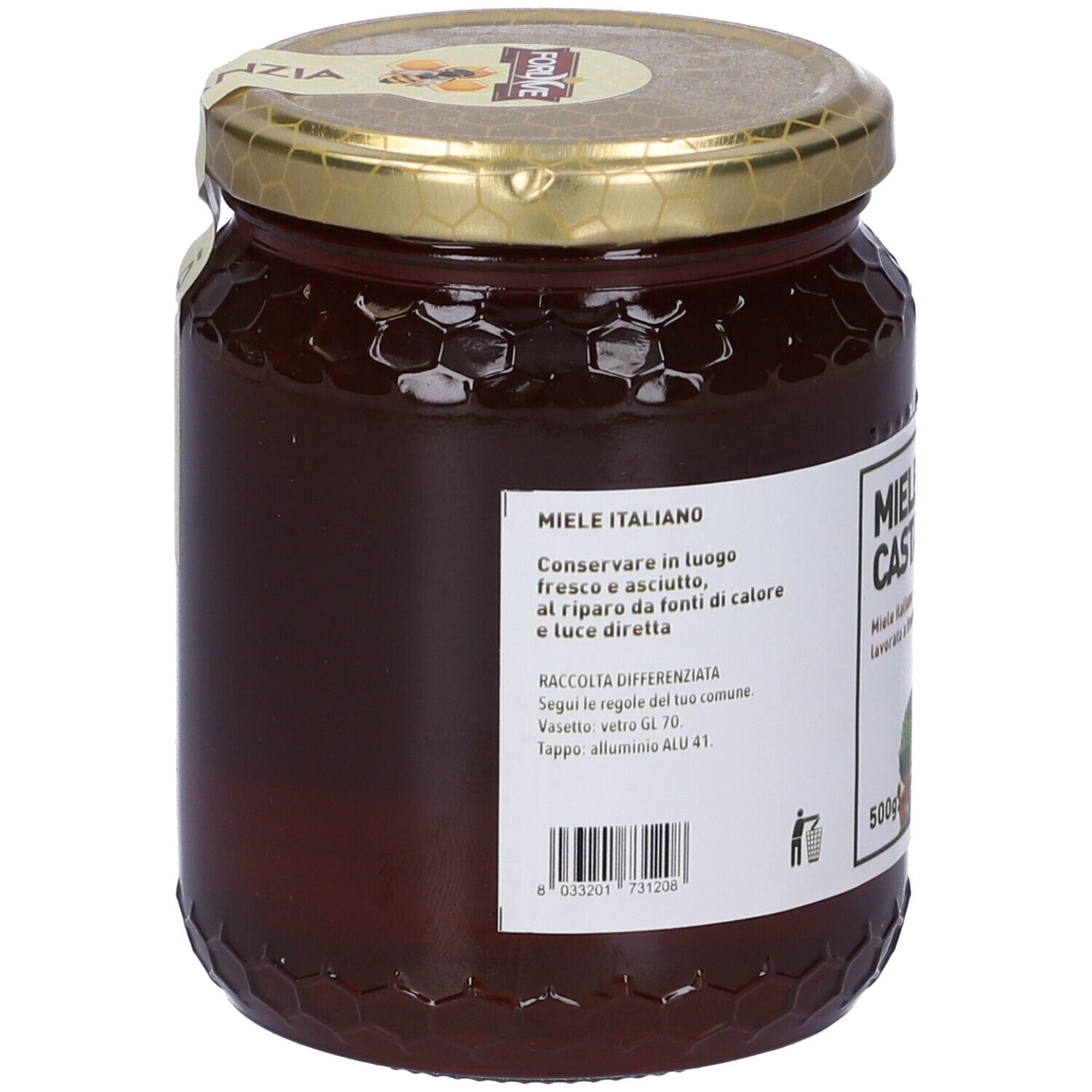 Barattolo di miele con coperchio dorato. Etichetta sul retro. Testo "Miele Italiano". Codice a barre e simbolo di riciclaggio.