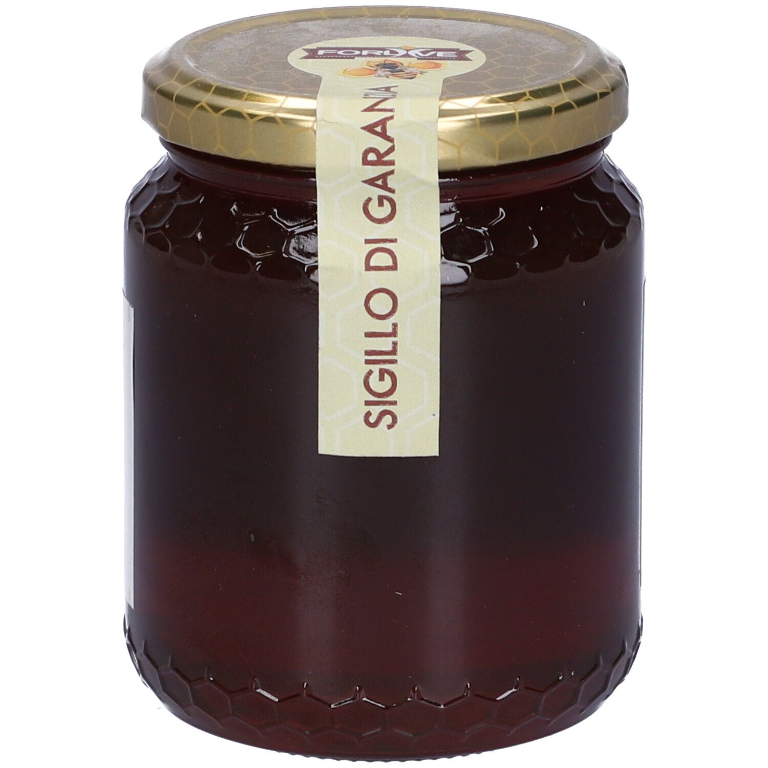 Barattolo di miele con coperchio dorato. Adesivo con la scritta "Sigillo di Garanzia".