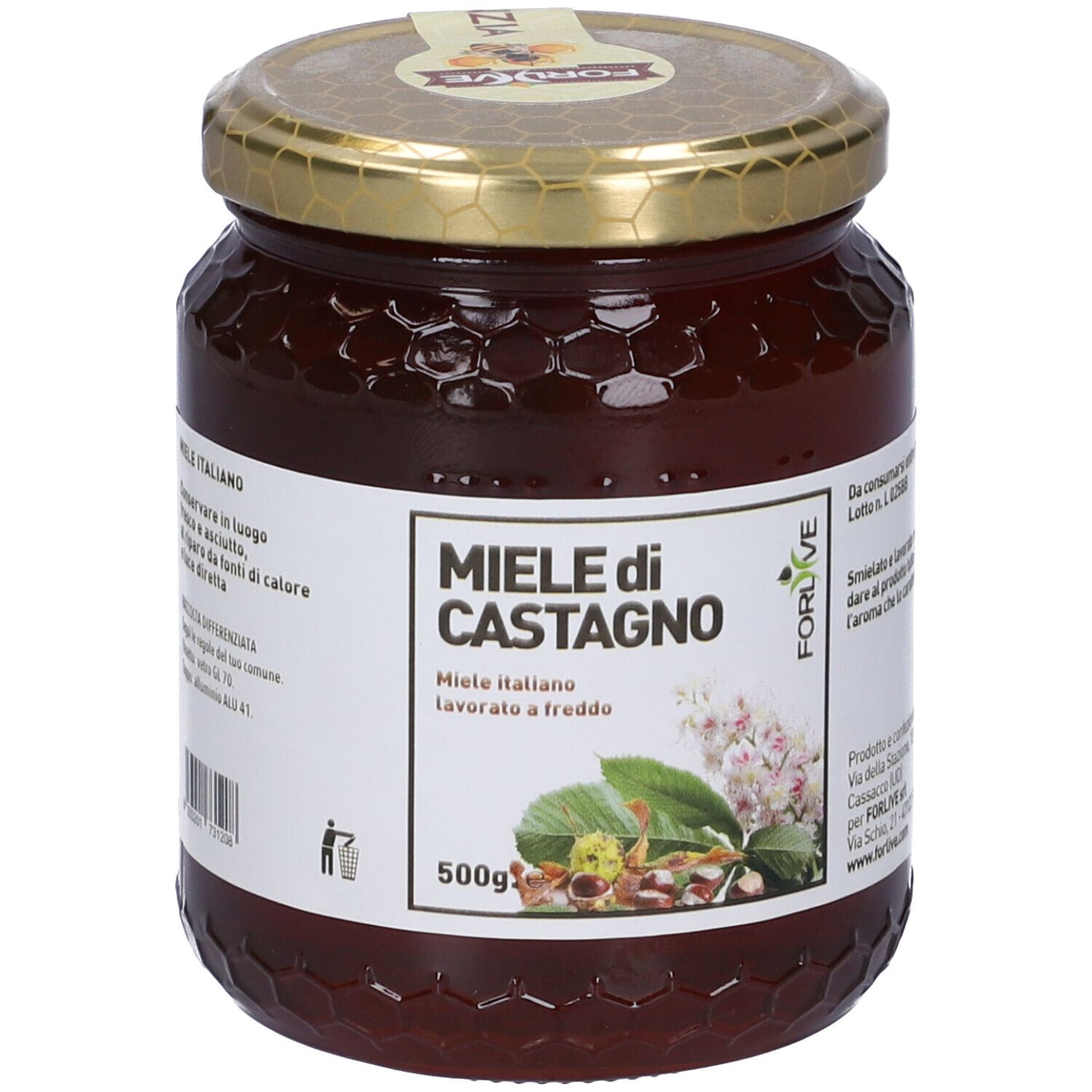 Barattolo di miele con coperchio dorato. Etichetta "Miele di Castagno". Illustrazione di fiori di castagno. Marchio "Forlive".